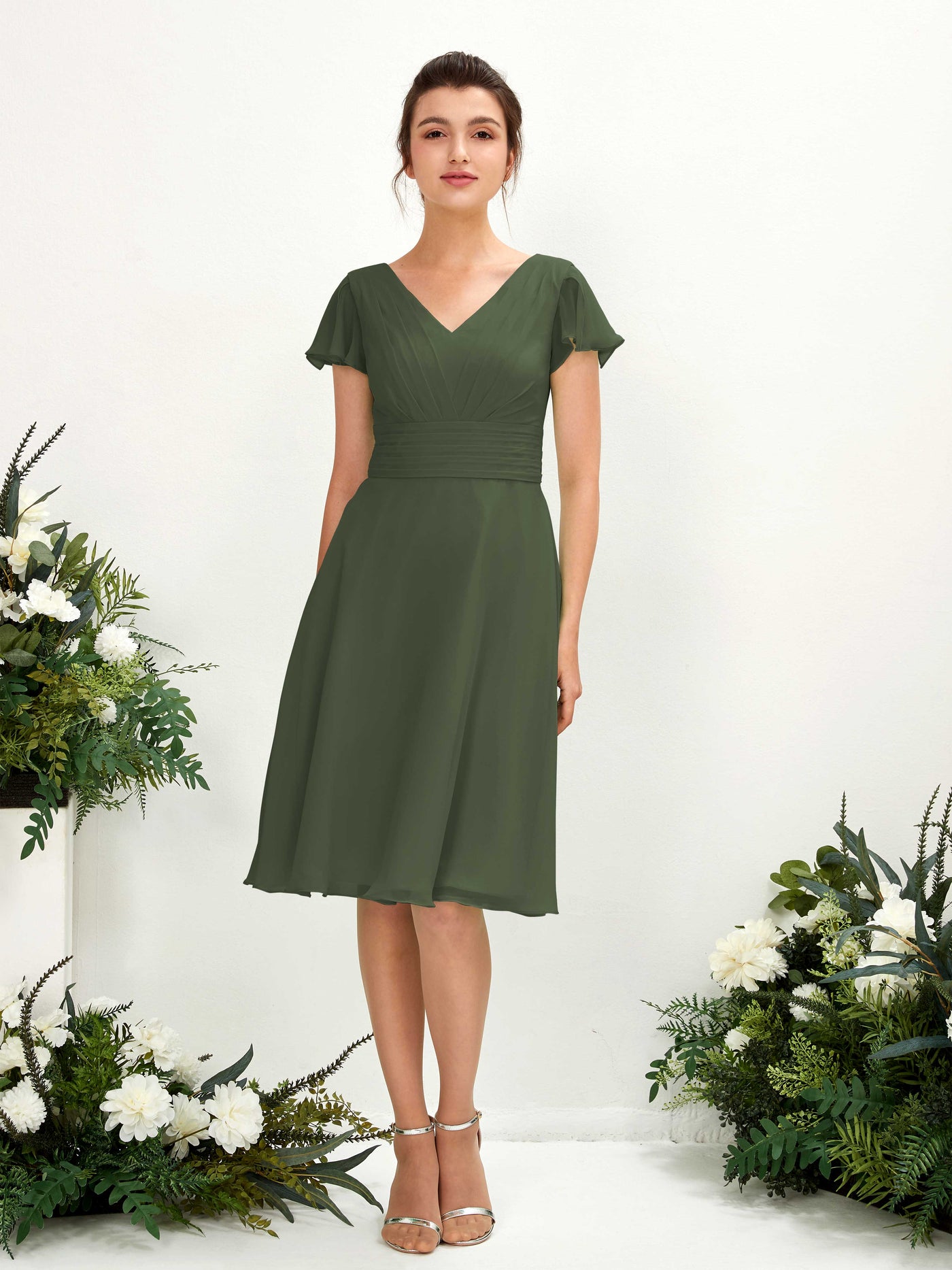 V-neck Short Sleeves Chiffon Bridesmaid Dress - Martini Olive (81220207)#color_martini-olive