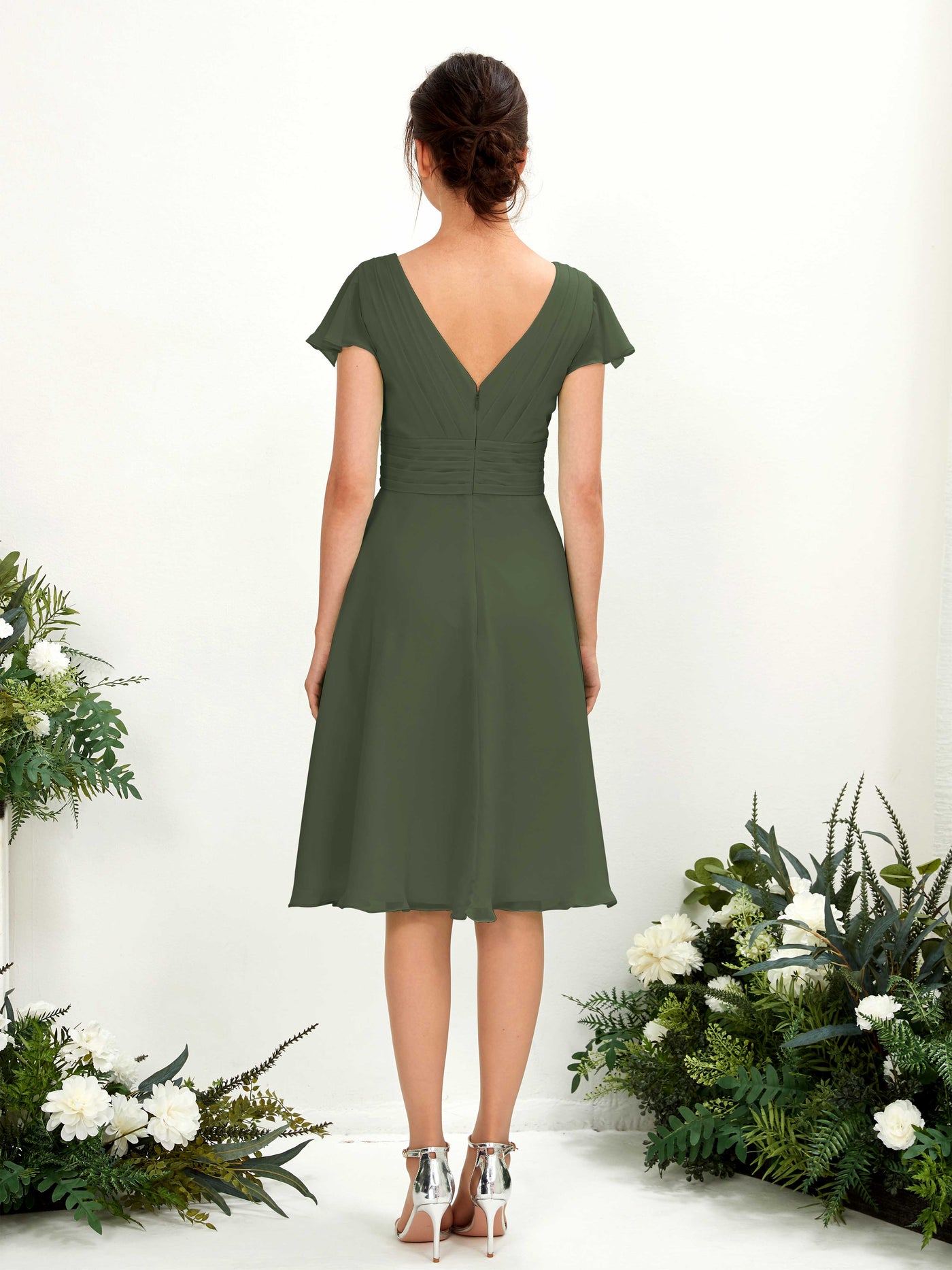V-neck Short Sleeves Chiffon Bridesmaid Dress - Martini Olive (81220207)#color_martini-olive