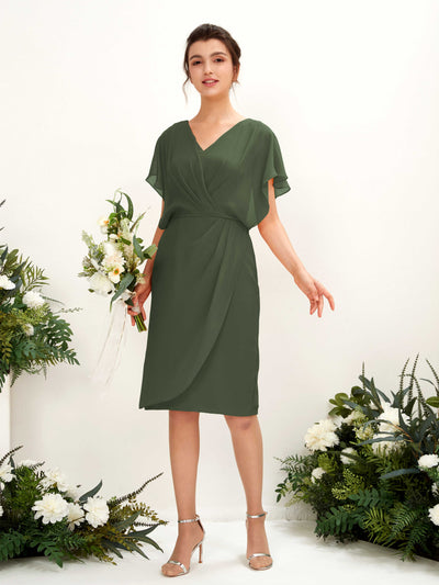 Carlyna Vanessa Sheath Martini Olive Bridesmaid Dress Knee-Length Cap Sleeve V-Neck Dress #color_martini-olive