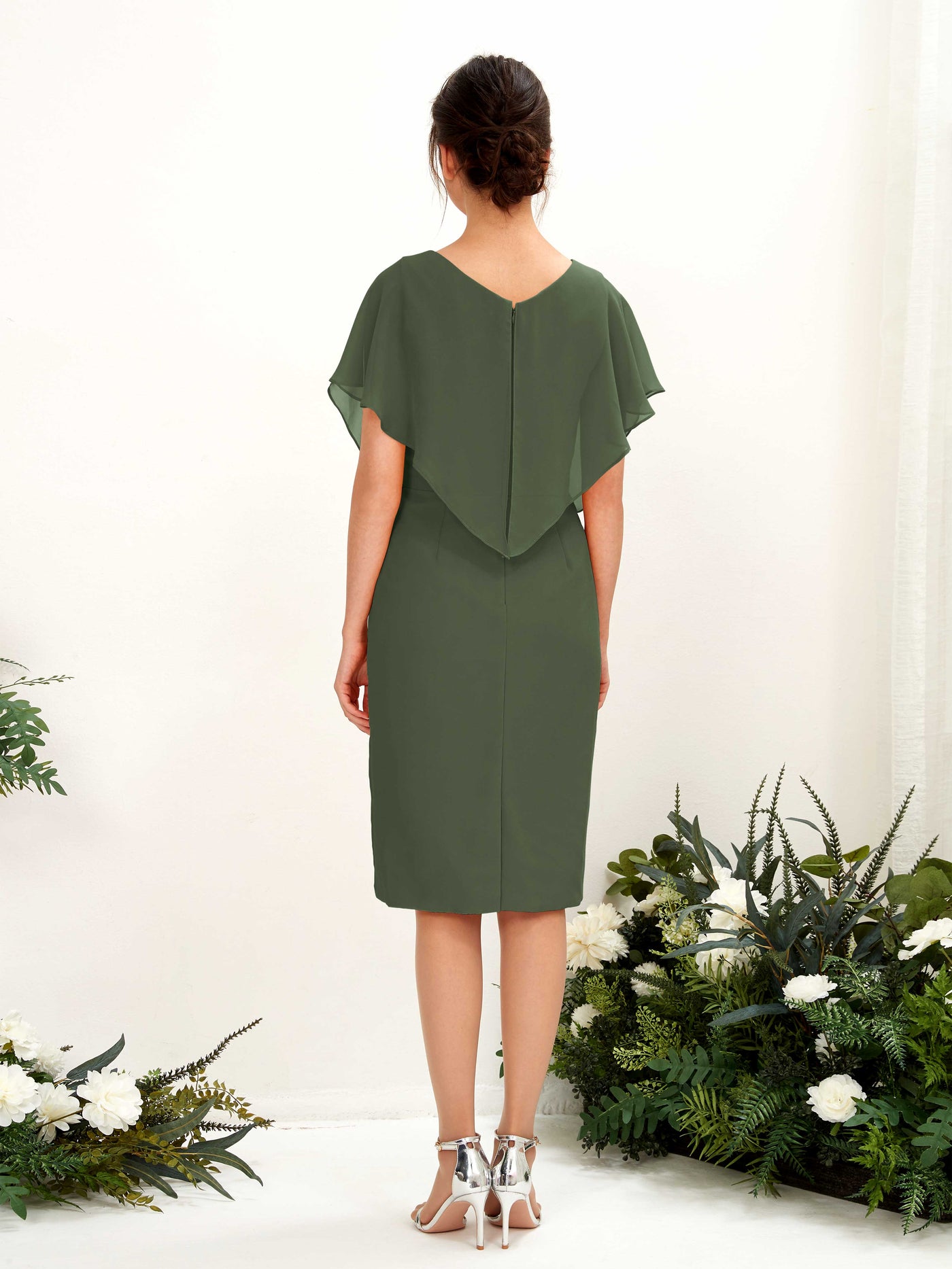 V-neck Short Sleeves Chiffon Bridesmaid Dress - Martini Olive (81222207)#color_martini-olive