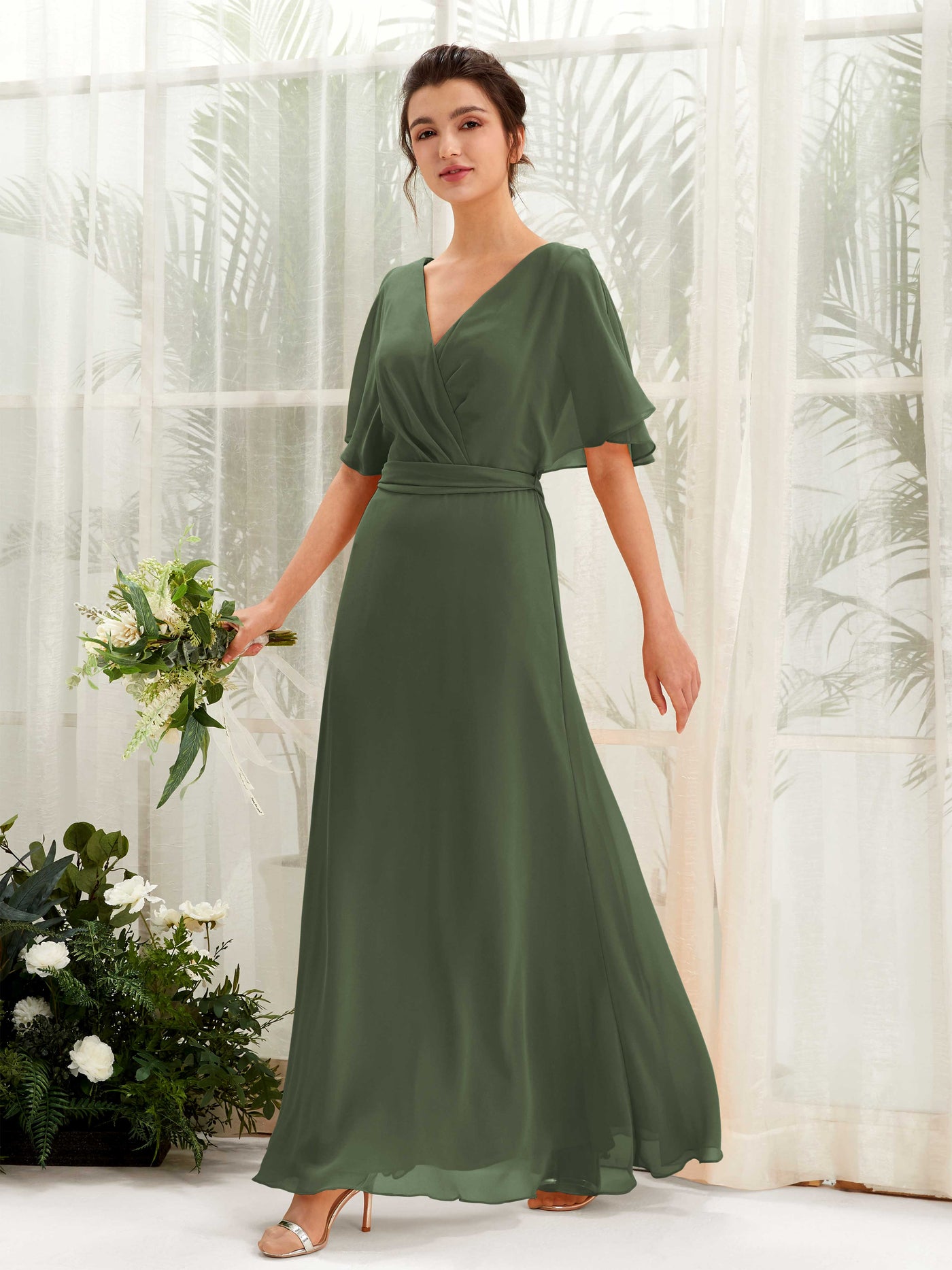 V-neck Short Sleeves Chiffon Bridesmaid Dress - Martini Olive (81222407)#color_martini-olive