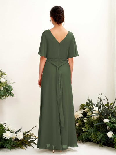 Carlyna Merta A-Line Martini Olive Bridesmaid Dress Maxi Short Sleeve V-Neck Dress #color_martini-olive