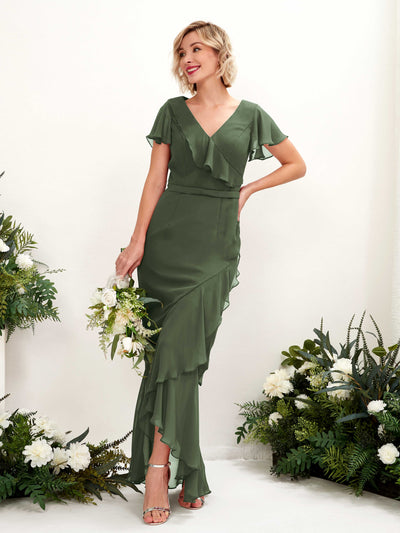 Carlyna Eartha Mermaid Martini Olive Bridesmaid Dress Maxi Cap Sleeve V-Neck Dress Front View #color_martini-olive