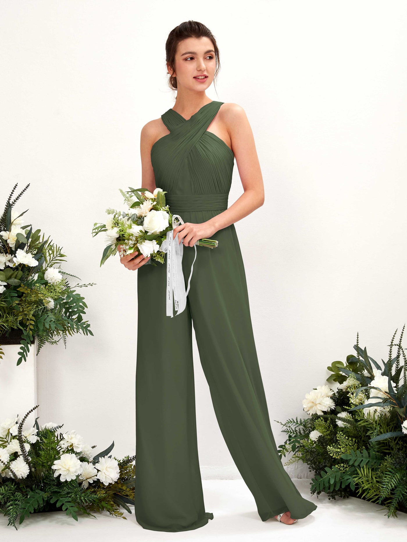 V-neck Sleeveless Chiffon Bridesmaid Dress Wide-Leg Jumpsuit - Martini Olive (81220707)#color_martini-olive