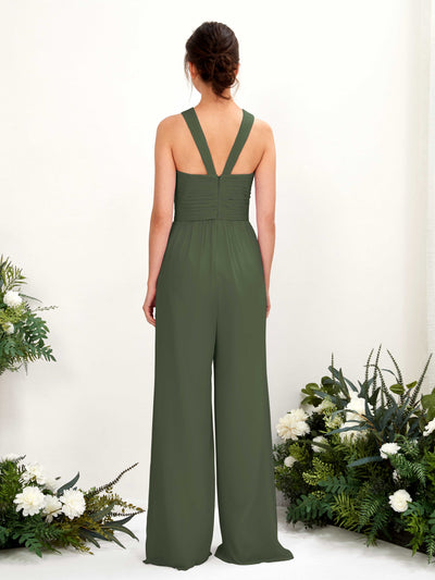 Carlyna Hilona Jumpsuit Martini Olive Bridesmaid Dress Maxi Sleeveless V-Neck Dress Back View #color_martini-olive