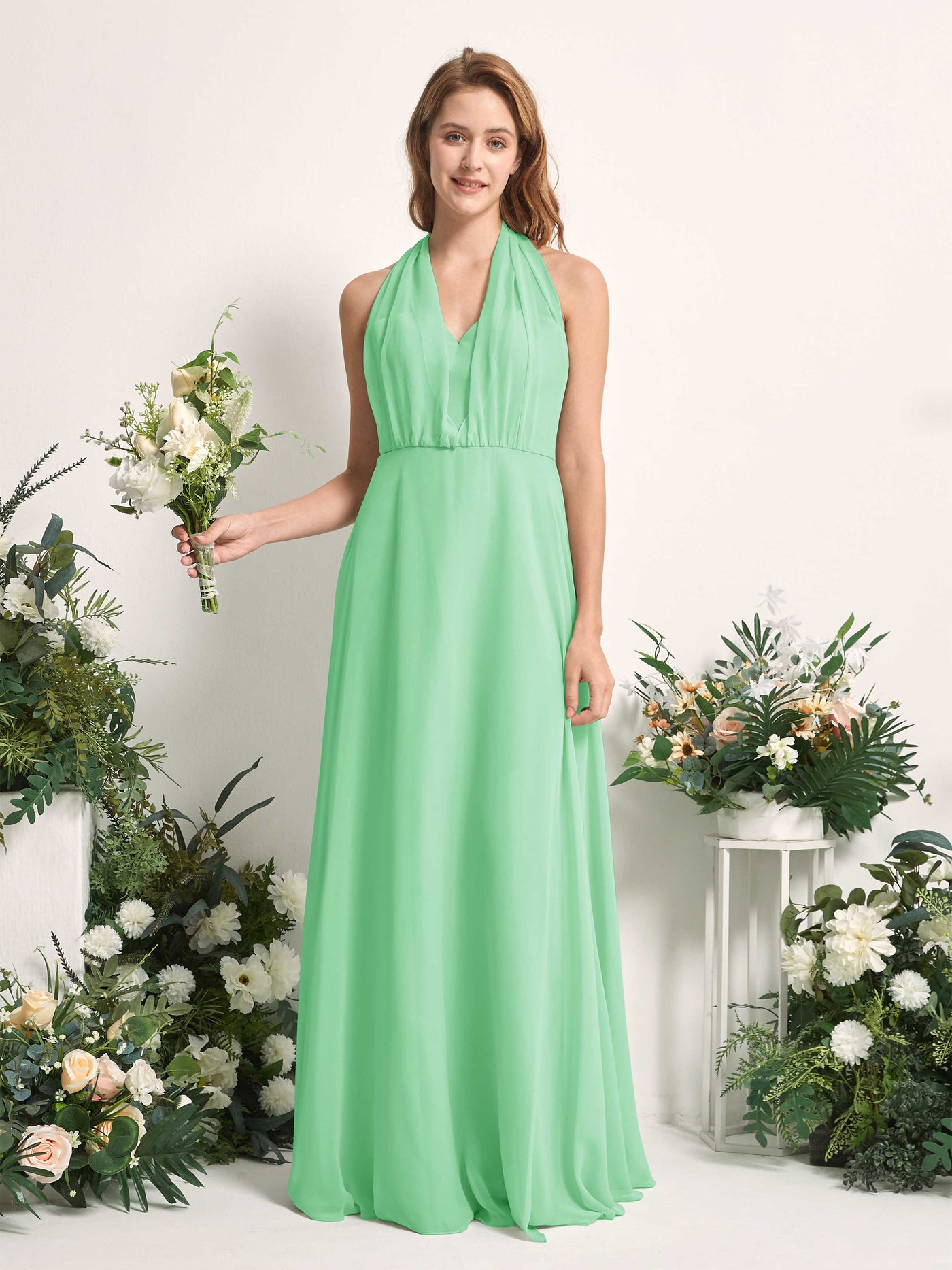 Bridesmaid Dress A-line Chiffon Halter Full Length Short Sleeves Wedding Party Dress - Mint Green (81226322)#color_mint-green