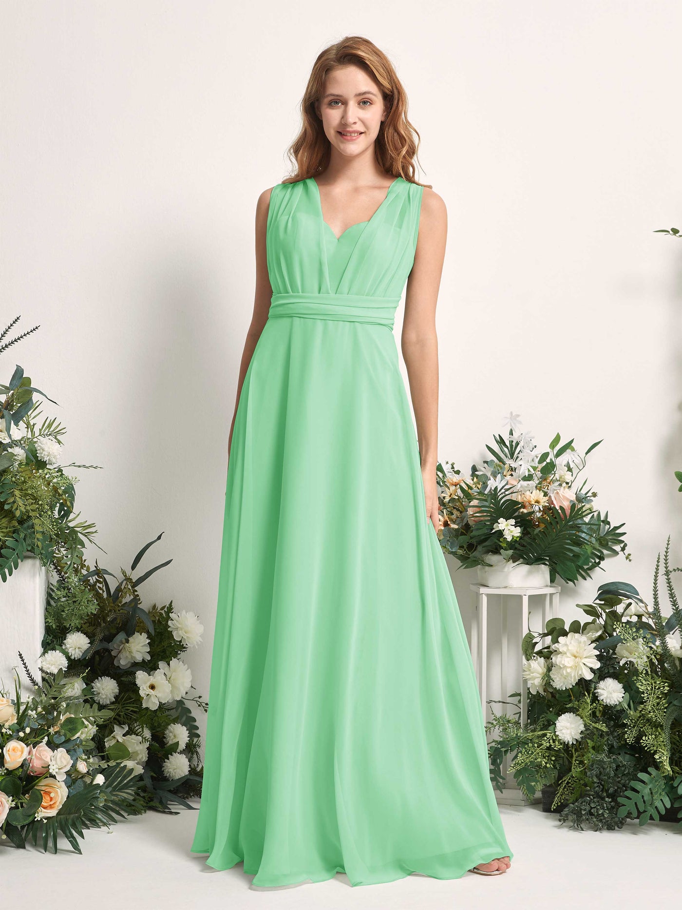 Bridesmaid Dress A-line Chiffon Halter Full Length Short Sleeves Wedding Party Dress - Mint Green (81226322)#color_mint-green