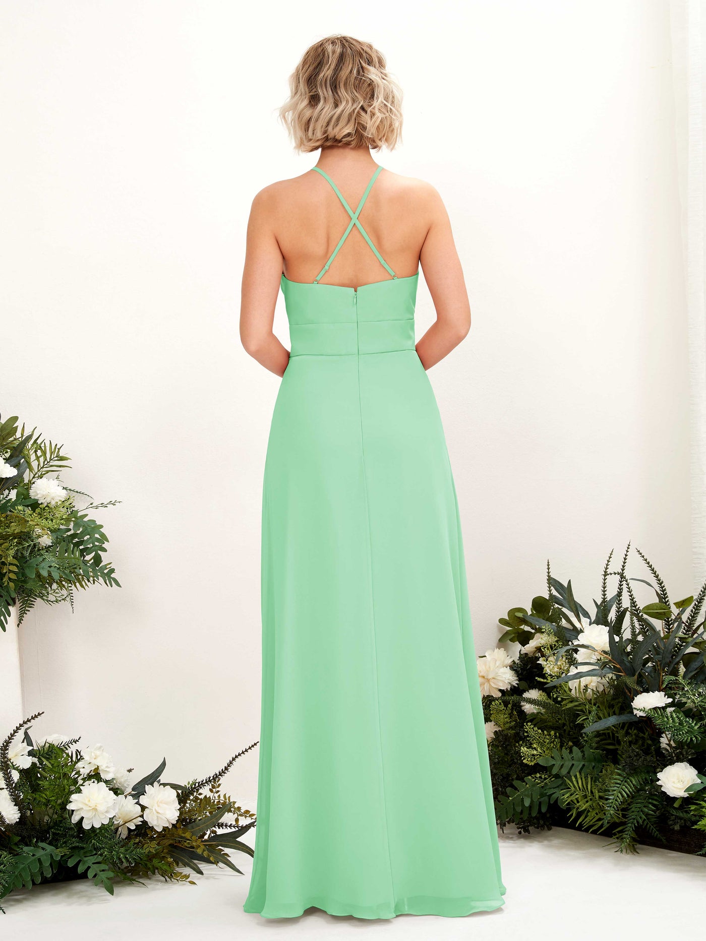 A-line Ball Gown Halter Spaghetti-straps Sleeveless Bridesmaid Dress - Mint Green (81225222)#color_mint-green