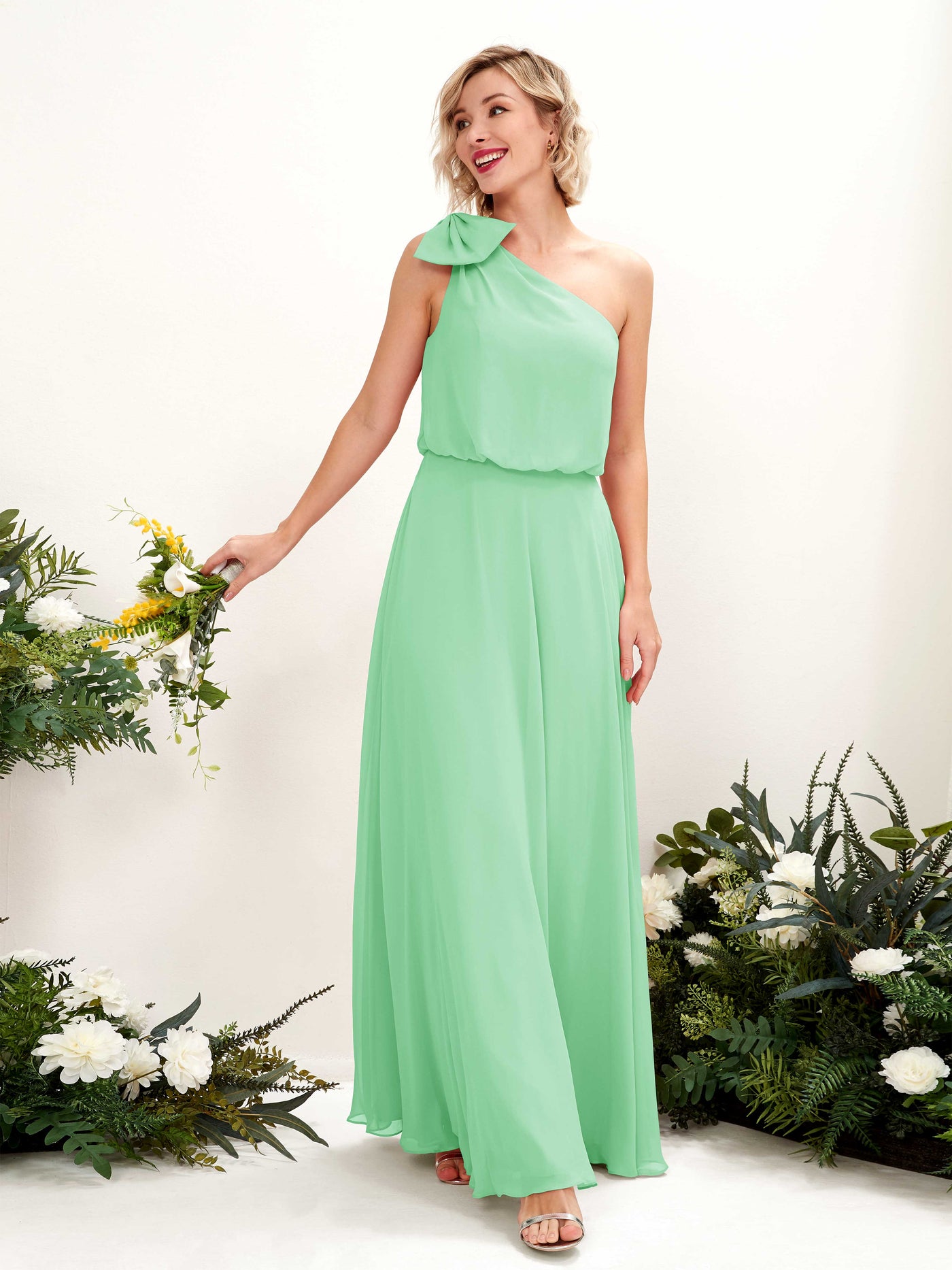 A-line One Shoulder Sleeveless Chiffon Bridesmaid Dress - Mint Green (81225522)#color_mint-green