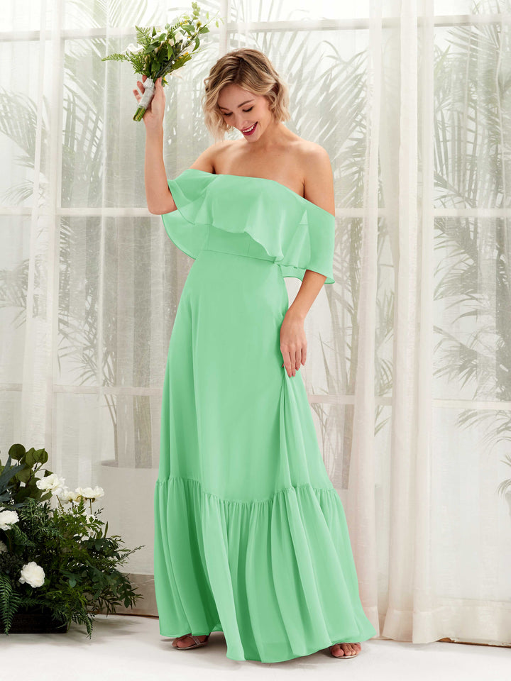 A-line Off Shoulder Chiffon Bridesmaid Dress - Mint Green (81224522)