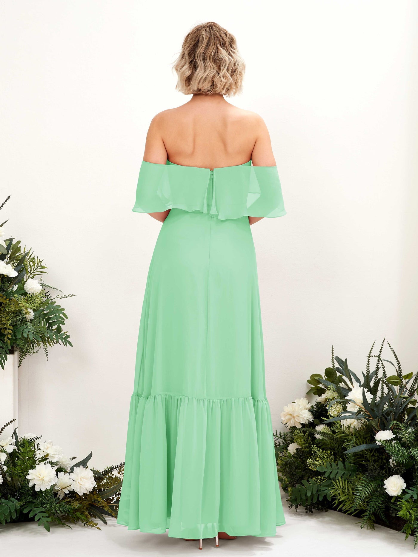 A-line Off Shoulder Chiffon Bridesmaid Dress - Mint Green (81224522)#color_mint-green