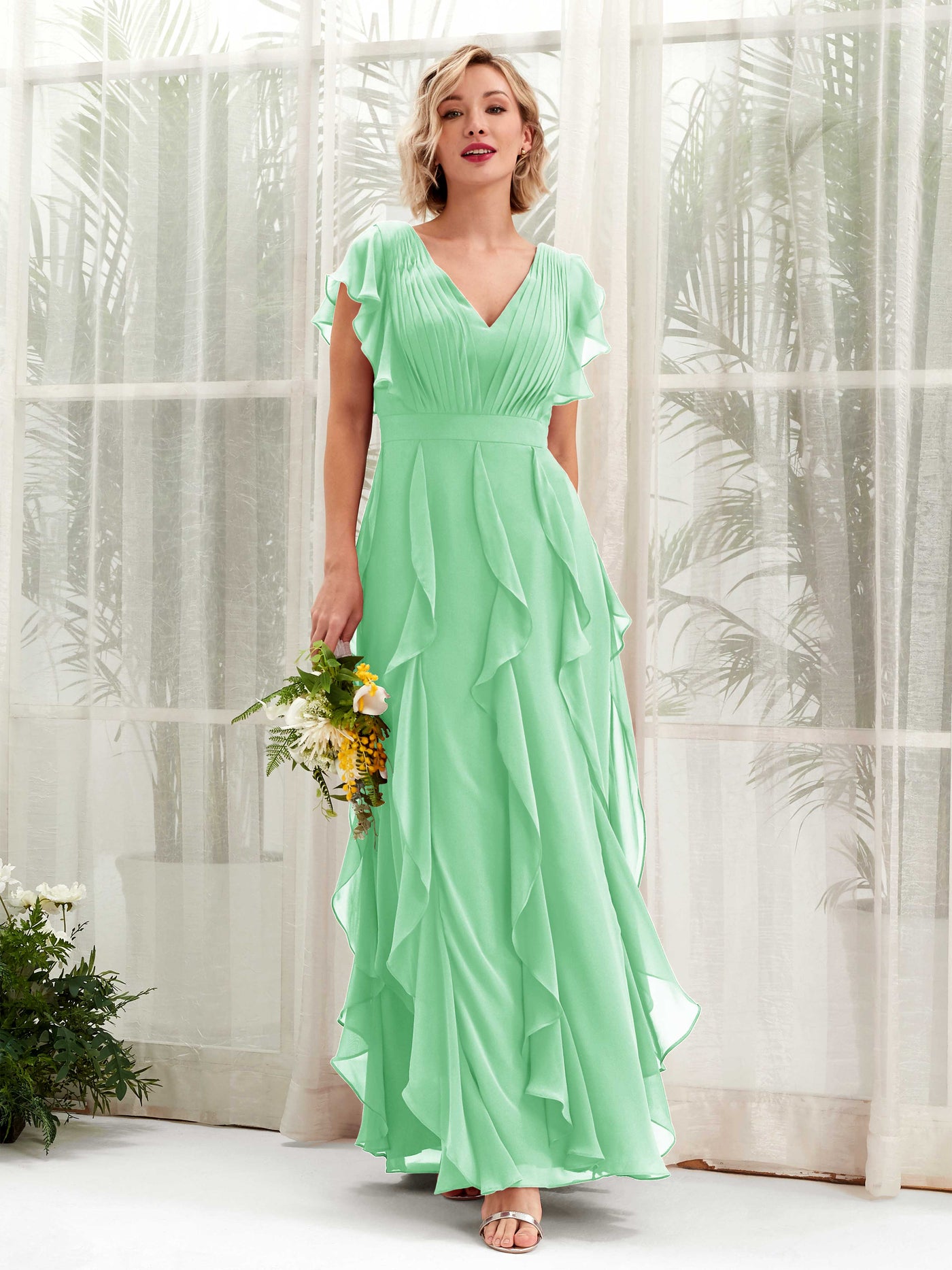 A-line V-neck Short Sleeves Chiffon Bridesmaid Dress - Mint Green (81226022)#color_mint-green