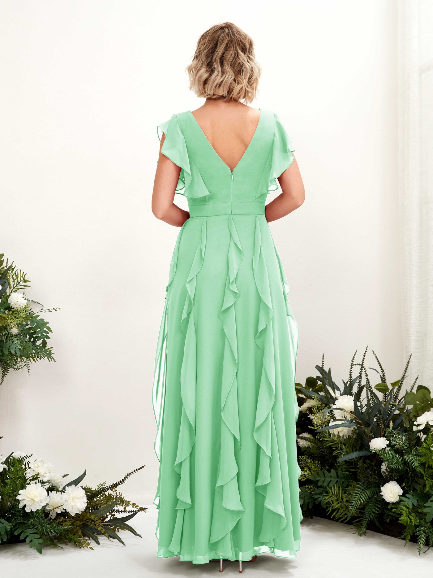 A-line V-neck Short Sleeves Chiffon Bridesmaid Dress - Mint Green (81226022)#color_mint-green