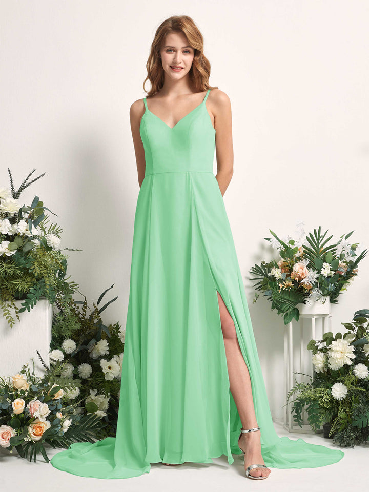Bridesmaid Dress A-line Chiffon Spaghetti-straps Full Length Sleeveless Wedding Party Dress - Mint Green (81227722)