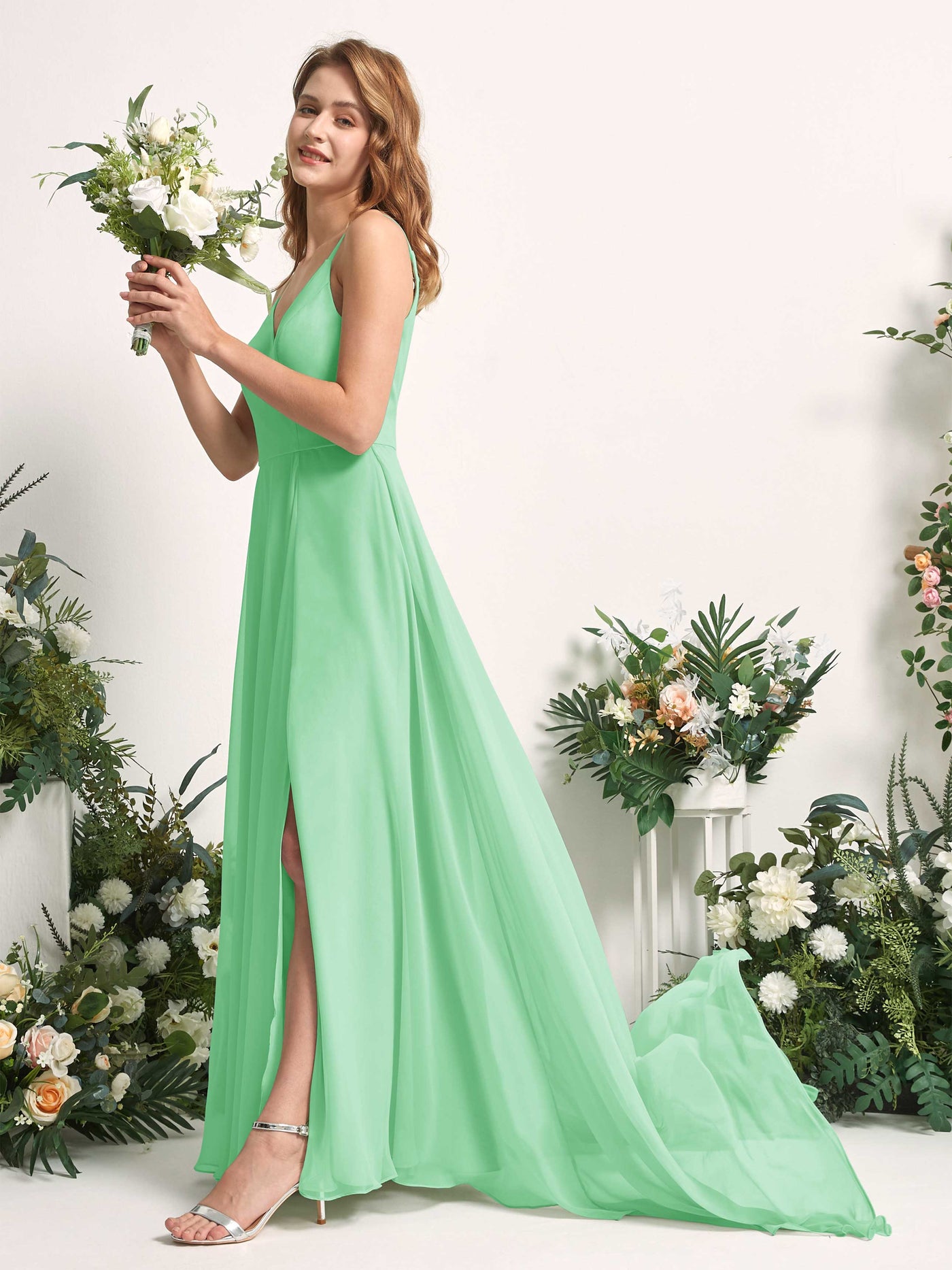 Bridesmaid Dress A-line Chiffon Spaghetti-straps Full Length Sleeveless Wedding Party Dress - Mint Green (81227722)#color_mint-green