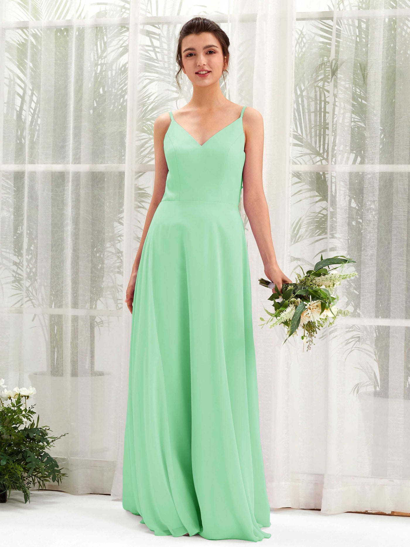 A-line Spaghetti-straps V-neck Sleeveless Chiffon Bridesmaid Dress - Mint Green (81220622)#color_mint-green