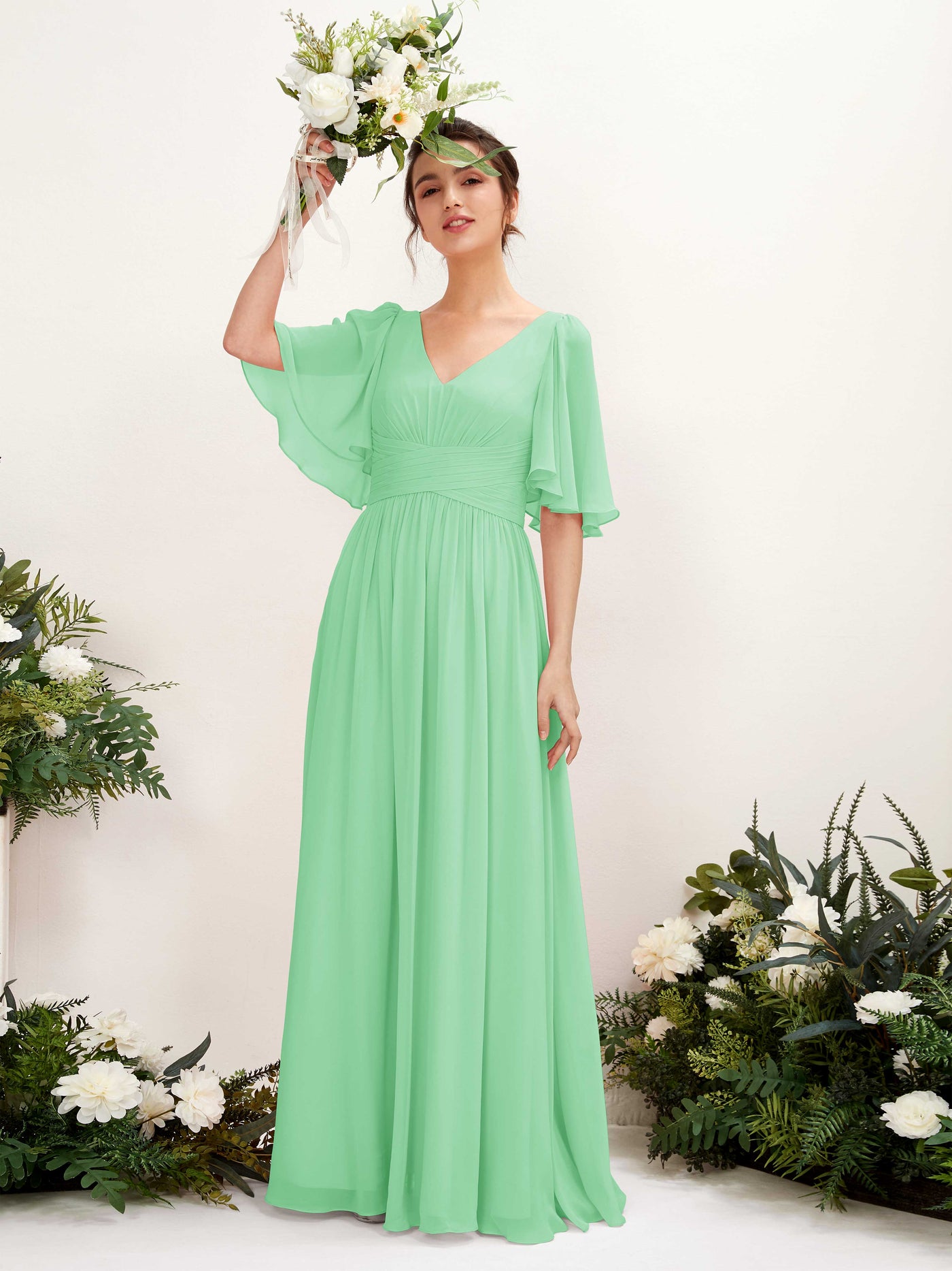 A-line V-neck 1/2 Sleeves Chiffon Bridesmaid Dress - Mint Green (81221622)#color_mint-green