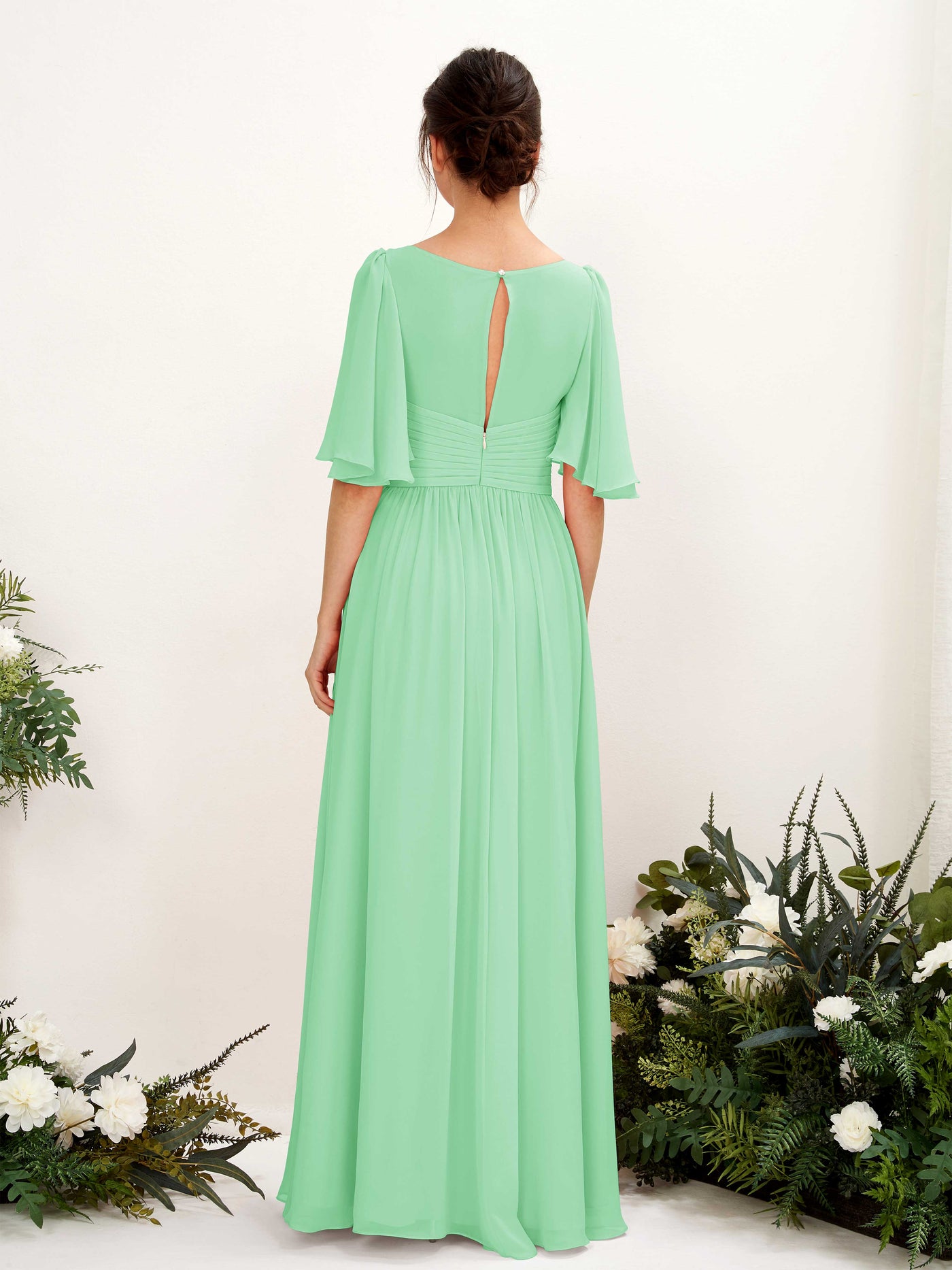 A-line V-neck 1/2 Sleeves Chiffon Bridesmaid Dress - Mint Green (81221622)#color_mint-green