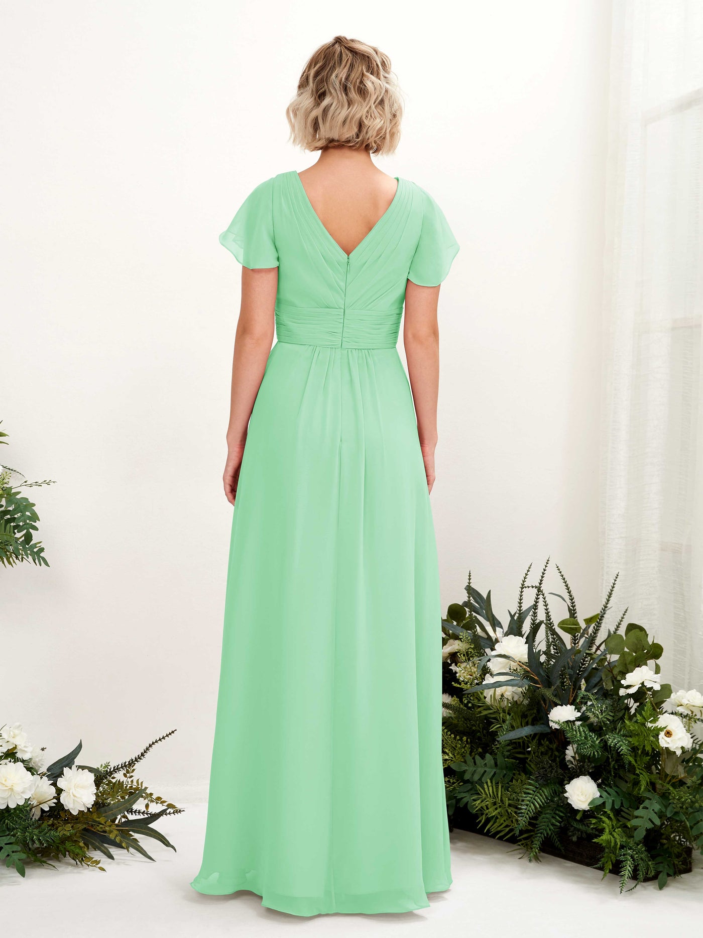 A-line V-neck Cap Sleeves Chiffon Bridesmaid Dress - Mint Green (81224322)#color_mint-green