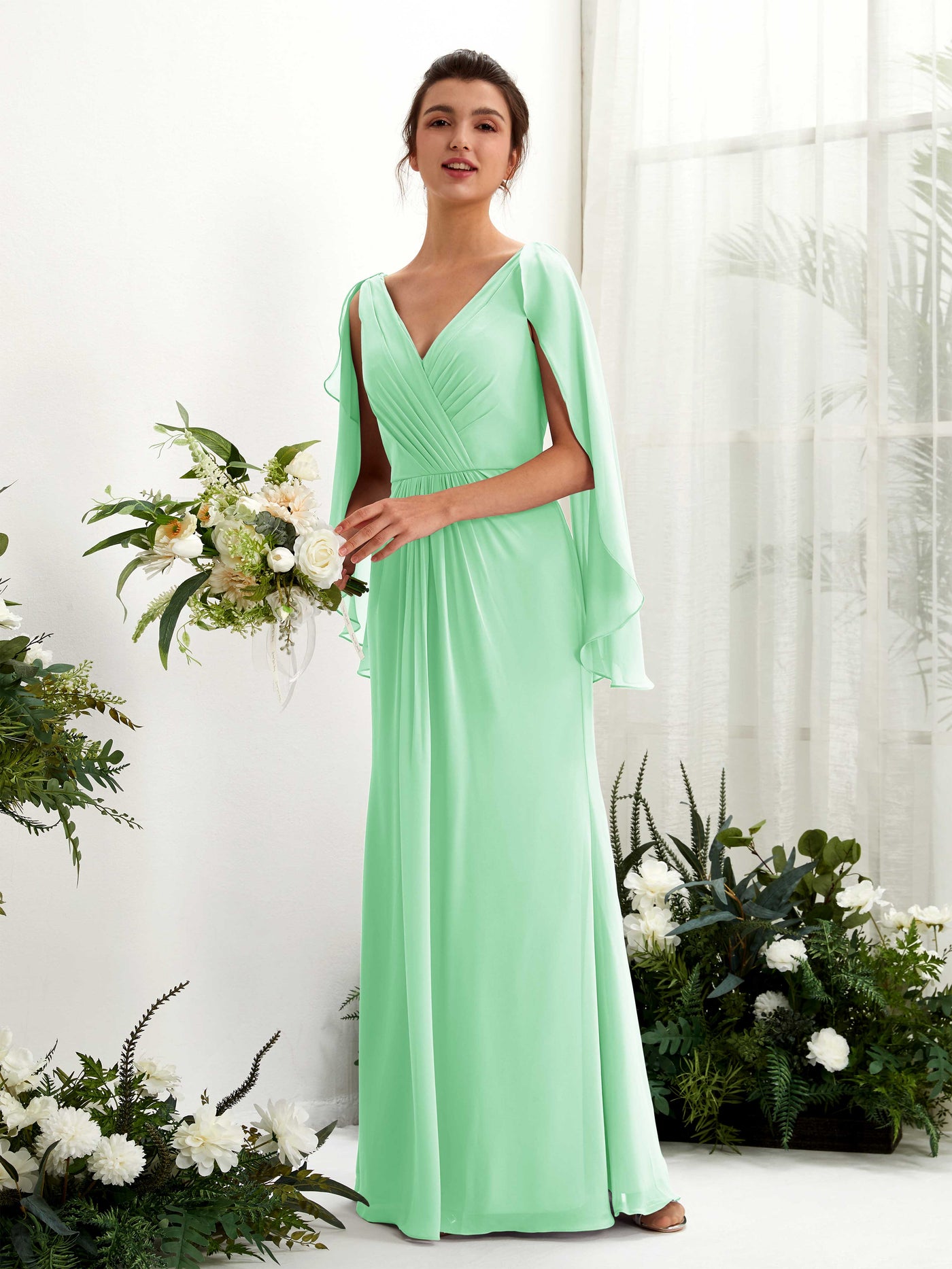 A-line V-neck Chiffon Bridesmaid Dress - Mint Green (80220122)#color_mint-green