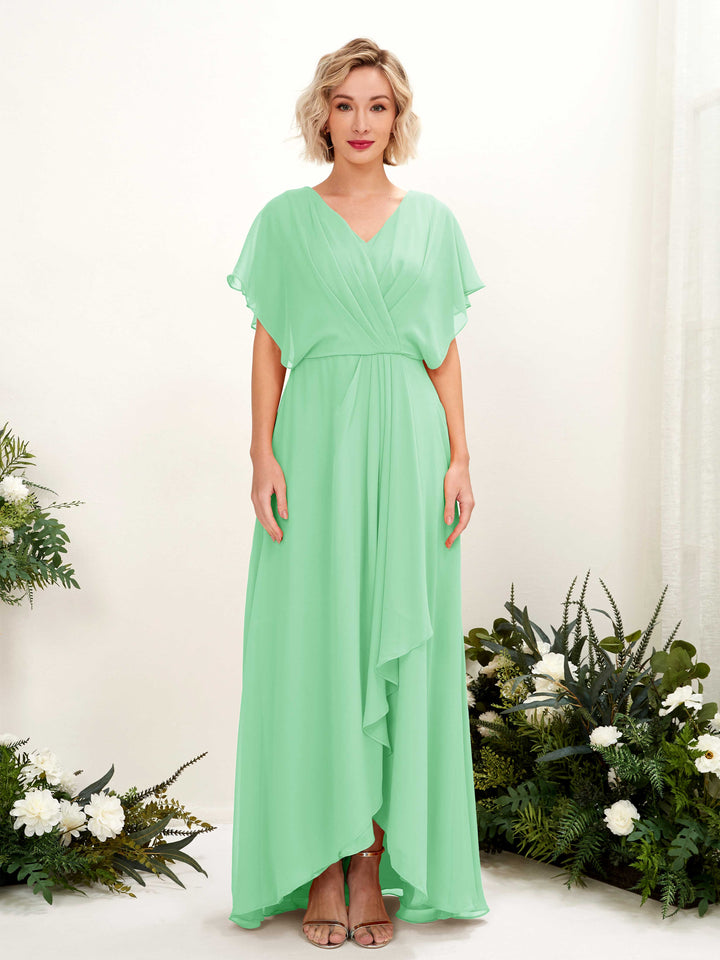 A-line V-neck Short Sleeves Chiffon Bridesmaid Dress - Mint Green (81222122)