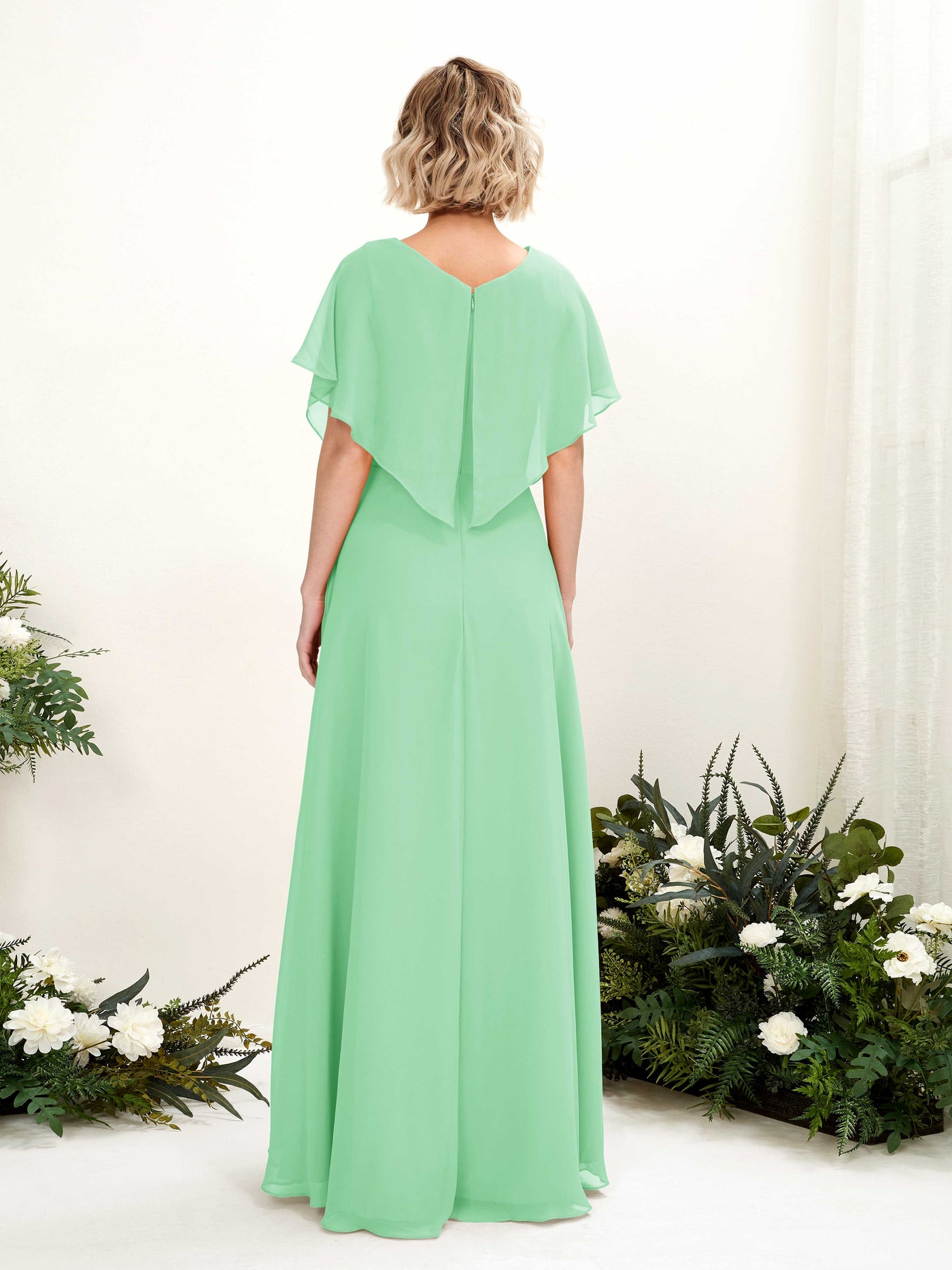 A-line V-neck Short Sleeves Chiffon Bridesmaid Dress - Mint Green (81222122)#color_mint-green