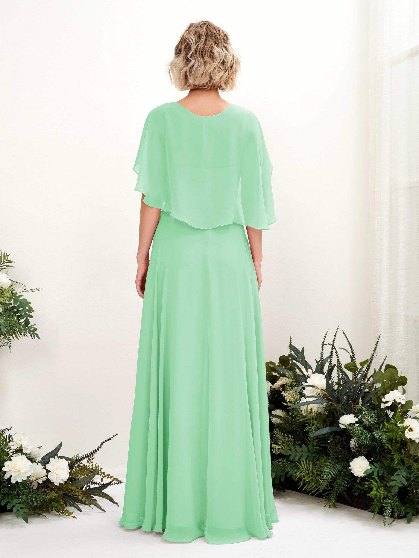 A-line V-neck Short Sleeves Chiffon Bridesmaid Dress - Mint Green (81224422)#color_mint-green