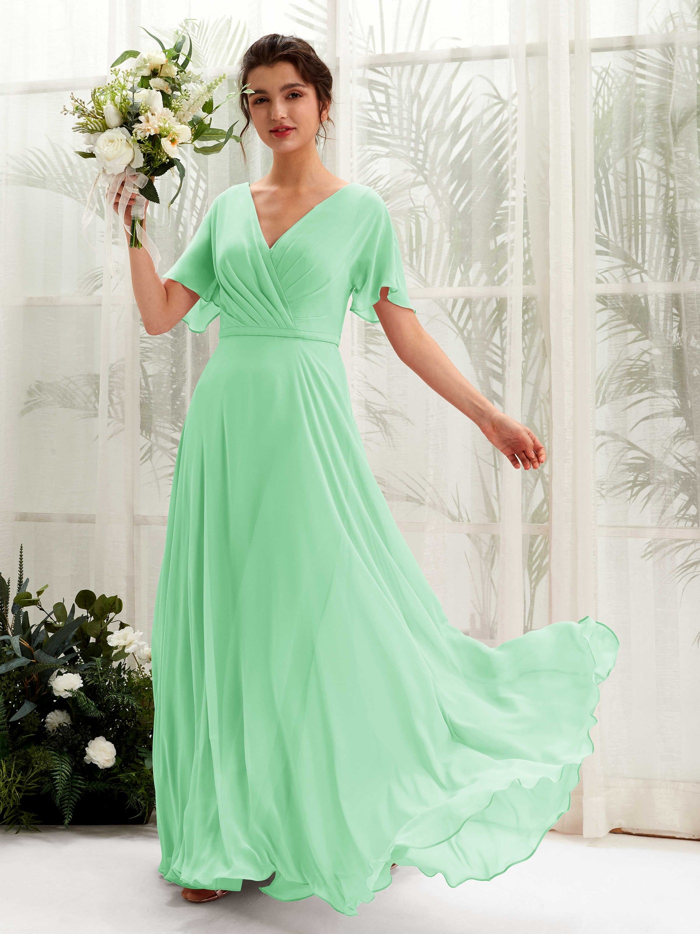 A-line V-neck Short Sleeves Chiffon Bridesmaid Dress - Mint Green (81224622)#color_mint-green