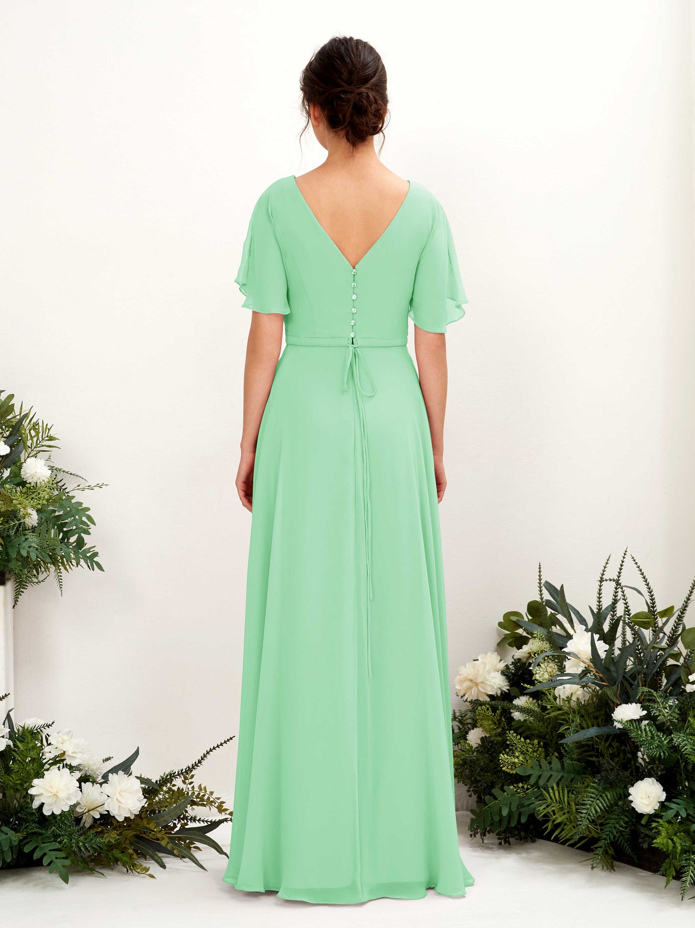 A-line V-neck Short Sleeves Chiffon Bridesmaid Dress - Mint Green (81224622)#color_mint-green