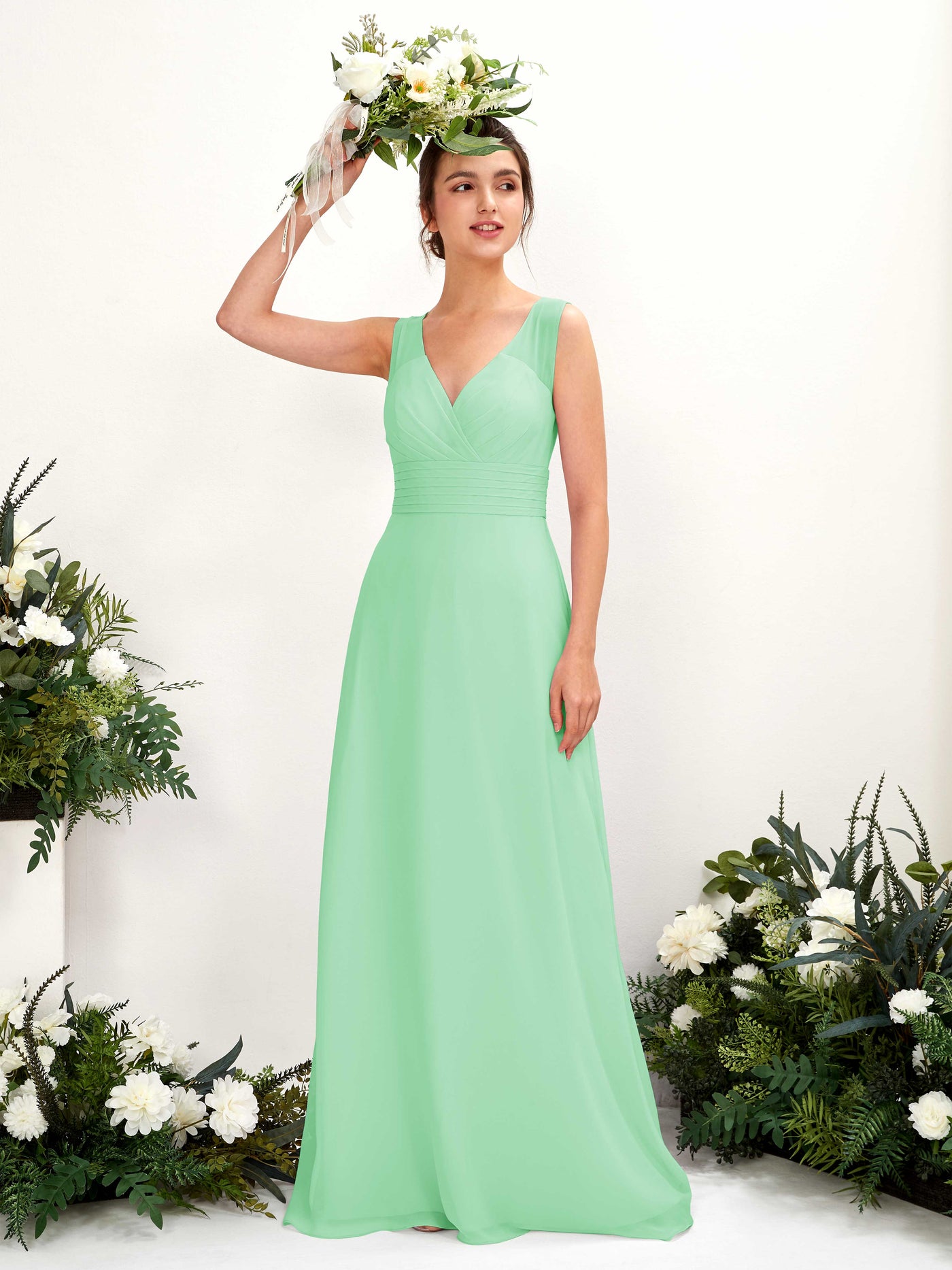 A-line V-neck Sleeveless Chiffon Bridesmaid Dress - Mint Green (81220922)#color_mint-green