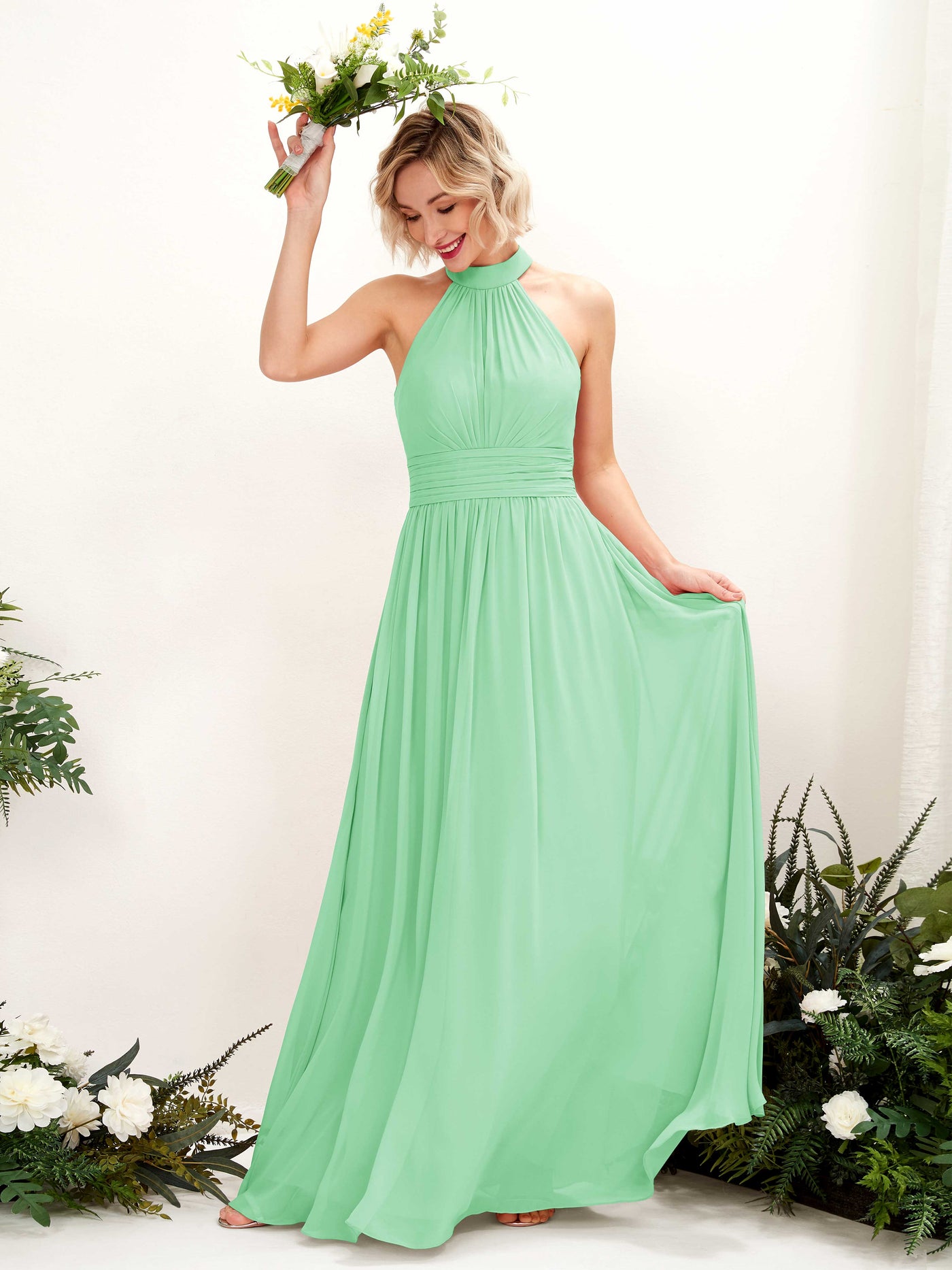 Ball Gown Halter Sleeveless Chiffon Bridesmaid Dress - Mint Green (81225322)#color_mint-green