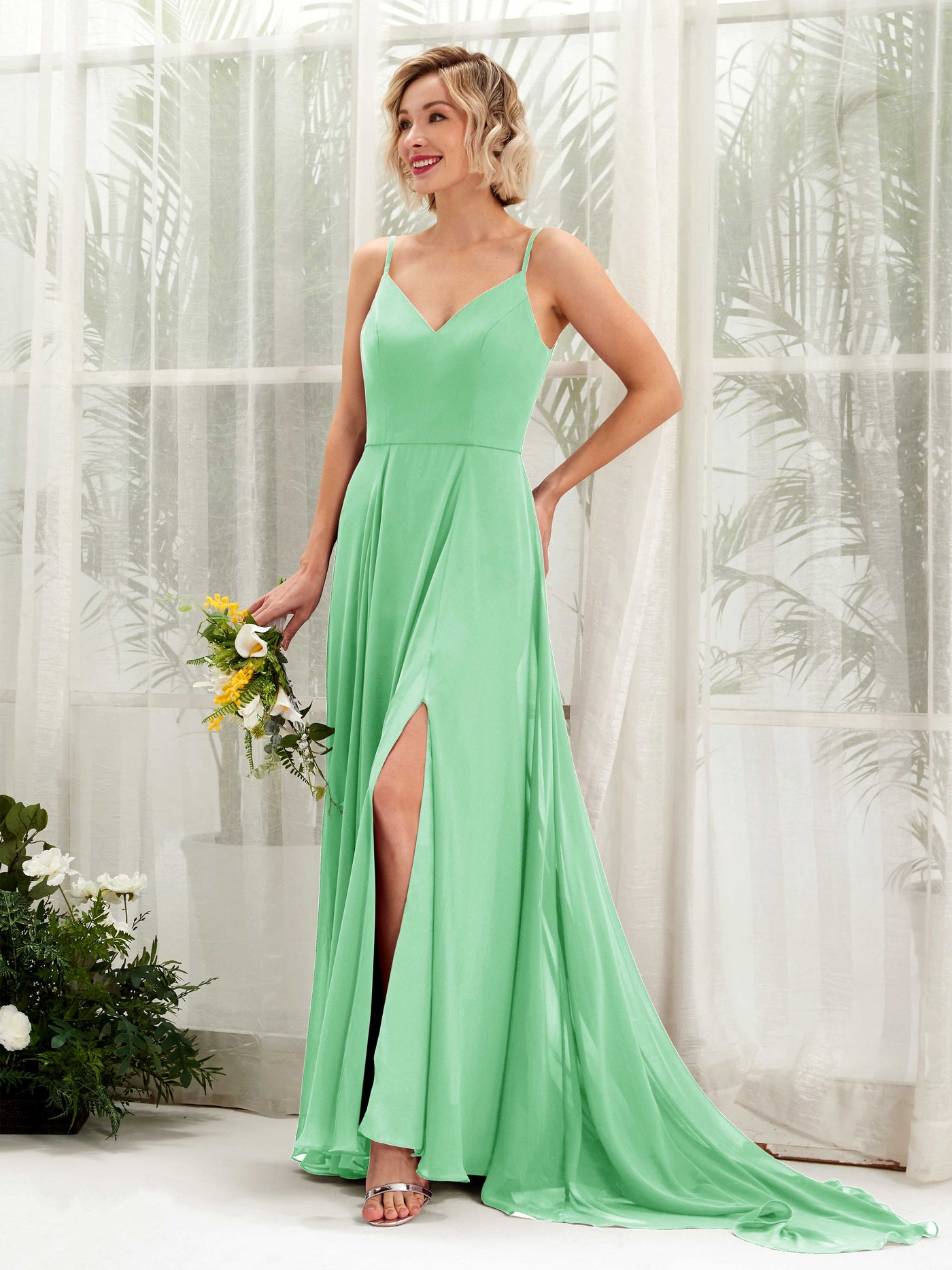 Ball Gown V-neck Sleeveless Bridesmaid Dress - Mint Green (81224122)#color_mint-green
