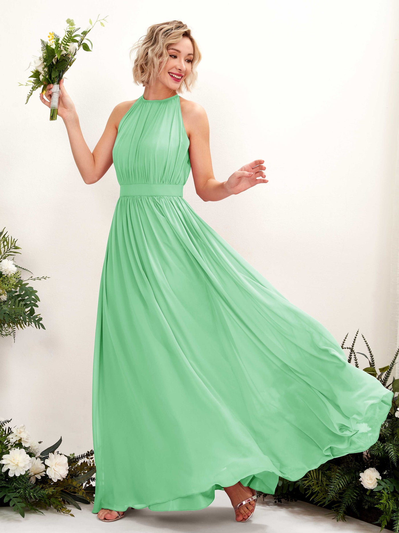 Halter Sleeveless Chiffon Bridesmaid Dress - Mint Green (81223122)#color_mint-green