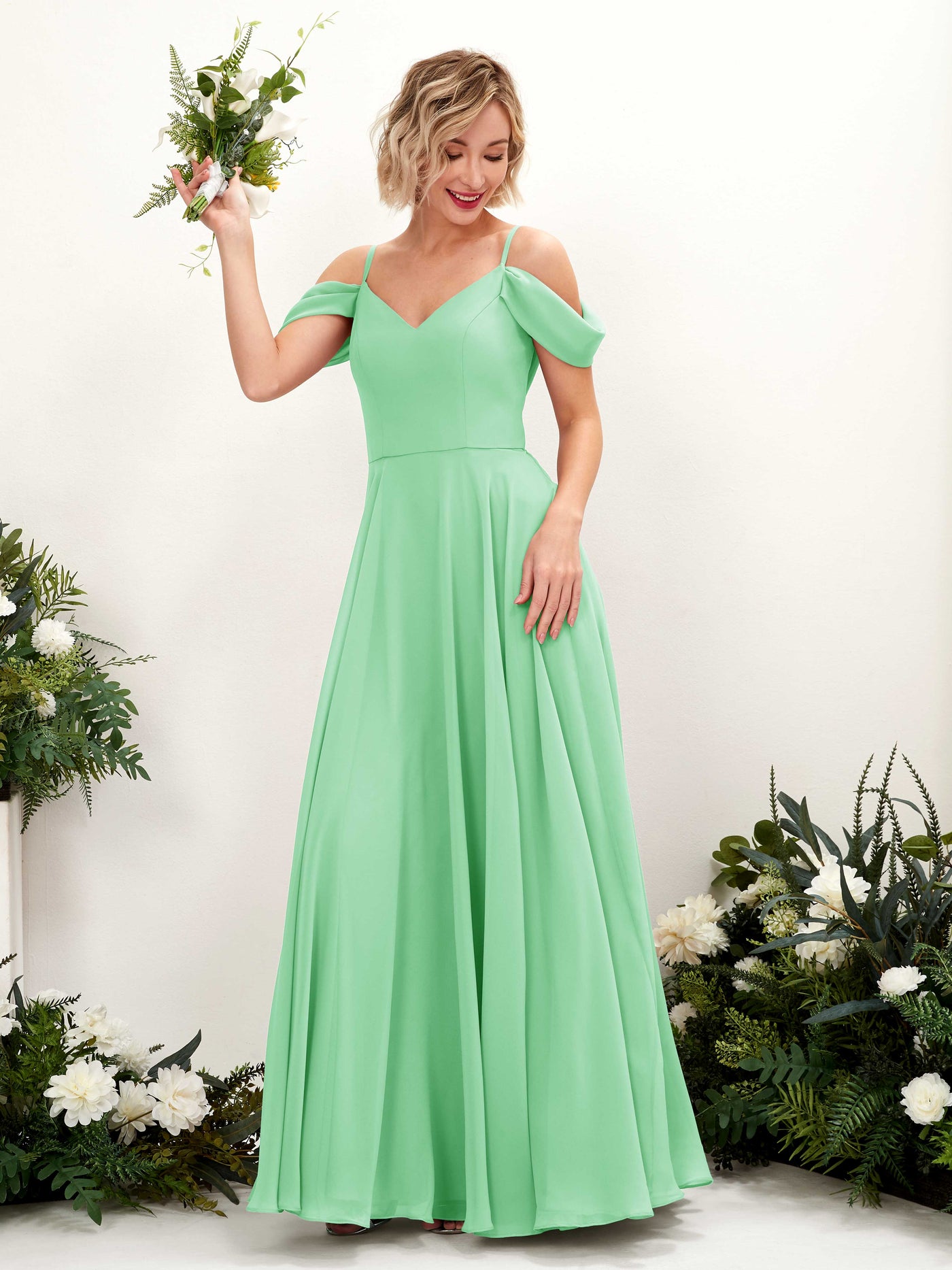 Off Shoulder Straps V-neck Sleeveless Chiffon Bridesmaid Dress - Mint Green (81224922)#color_mint-green