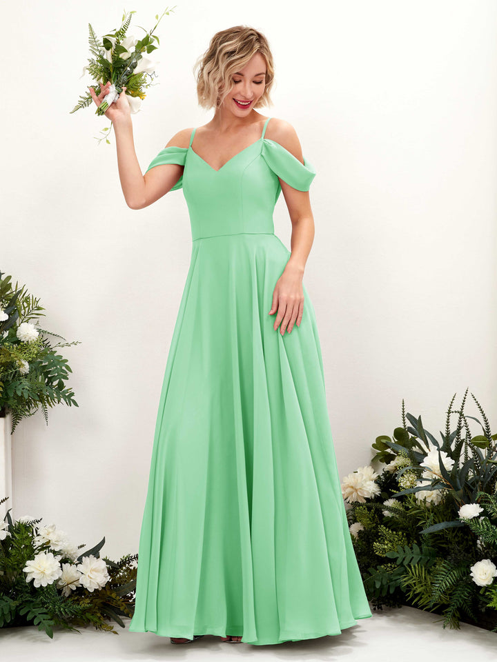 Off Shoulder Straps V-neck Sleeveless Chiffon Bridesmaid Dress - Mint Green (81224922)