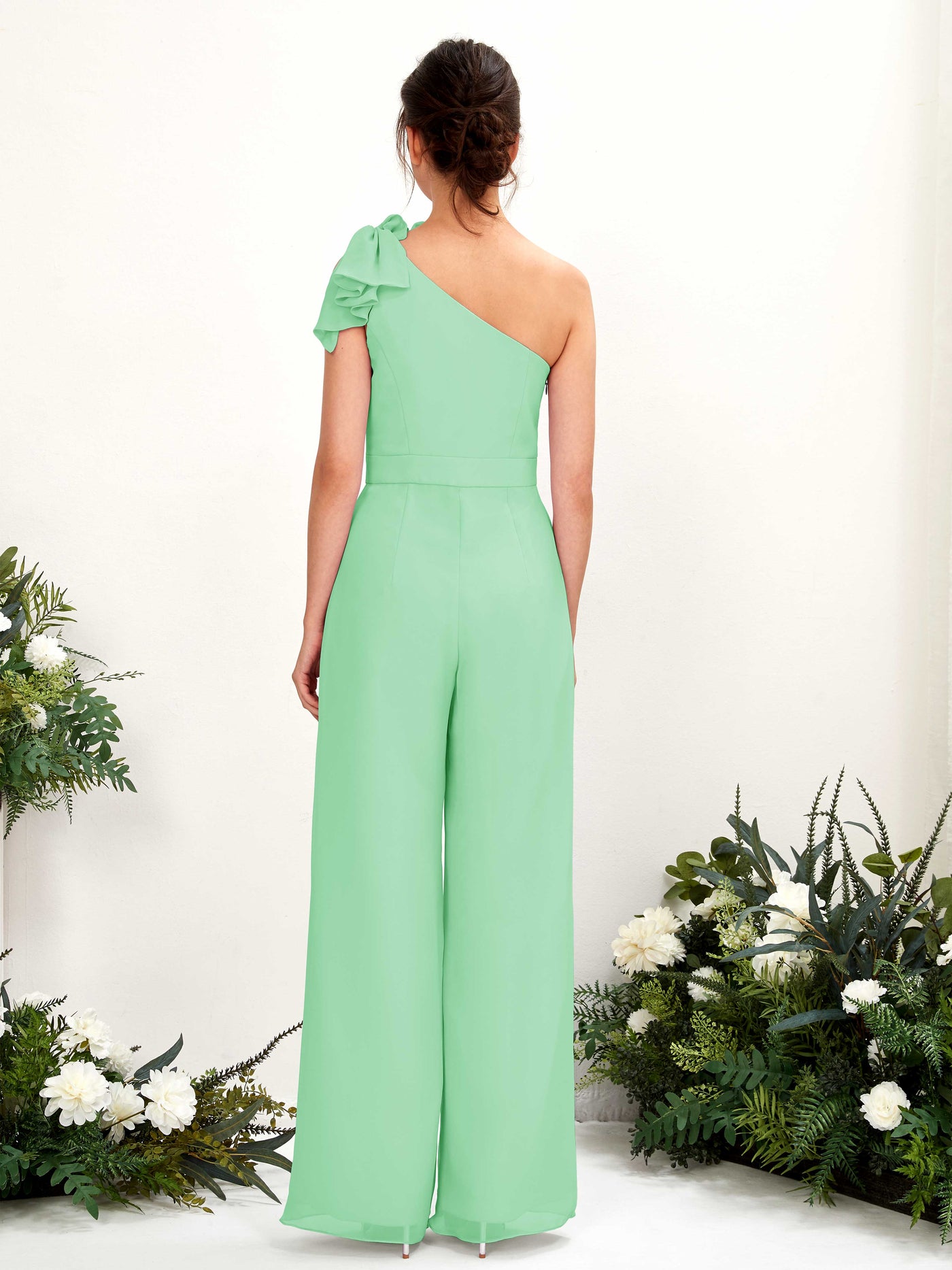 One Shoulder Sleeveless Chiffon Bridesmaid Wide-Leg Jumpsuit - Mint Green (81220822)#color_mint-green