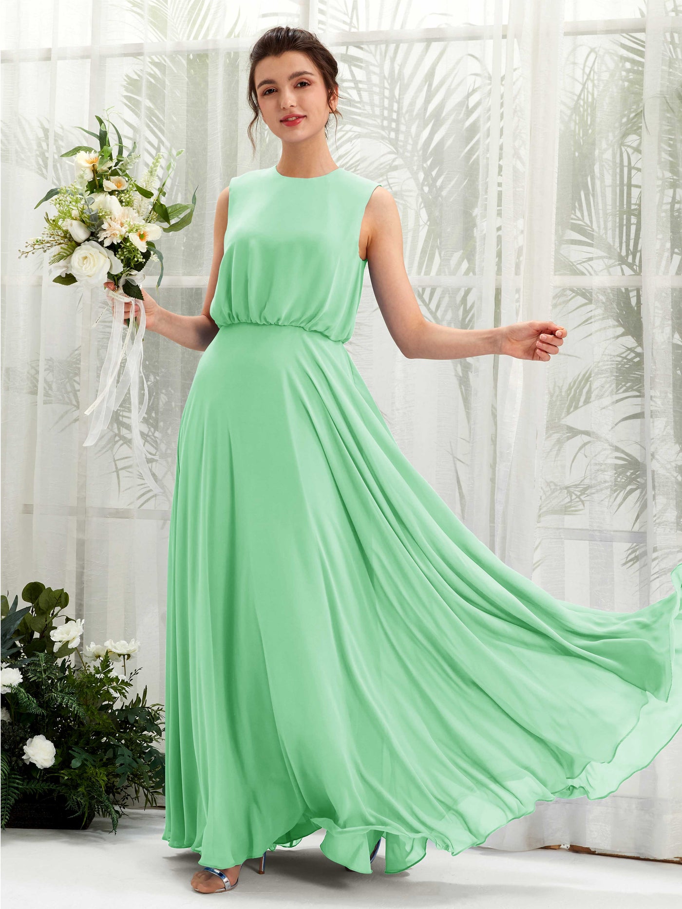 Round Sleeveless Chiffon Bridesmaid Dress - Mint Green (81222822)#color_mint-green