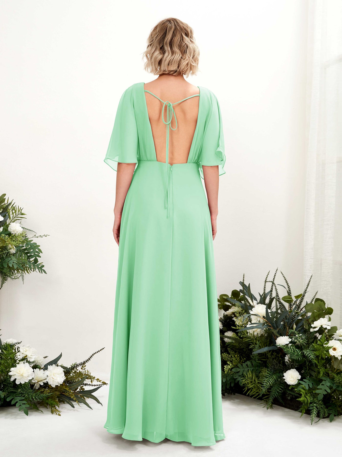 V-neck 1/2 Sleeves Chiffon Bridesmaid Dress - Mint Green (81225122)#color_mint-green