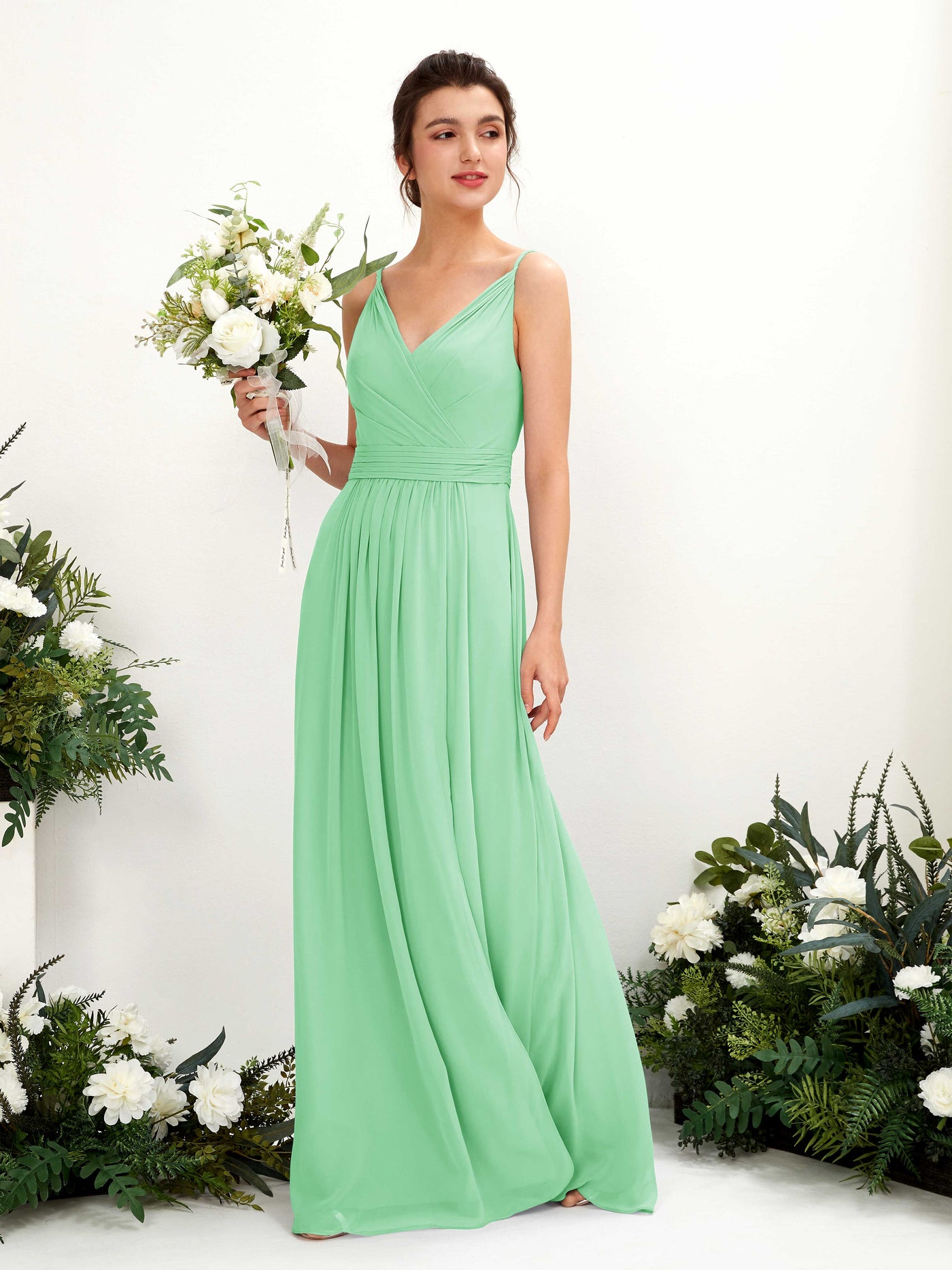 Spaghetti-straps V-neck Sleeveless Bridesmaid Dress - Mint Green (81223922)#color_mint-green