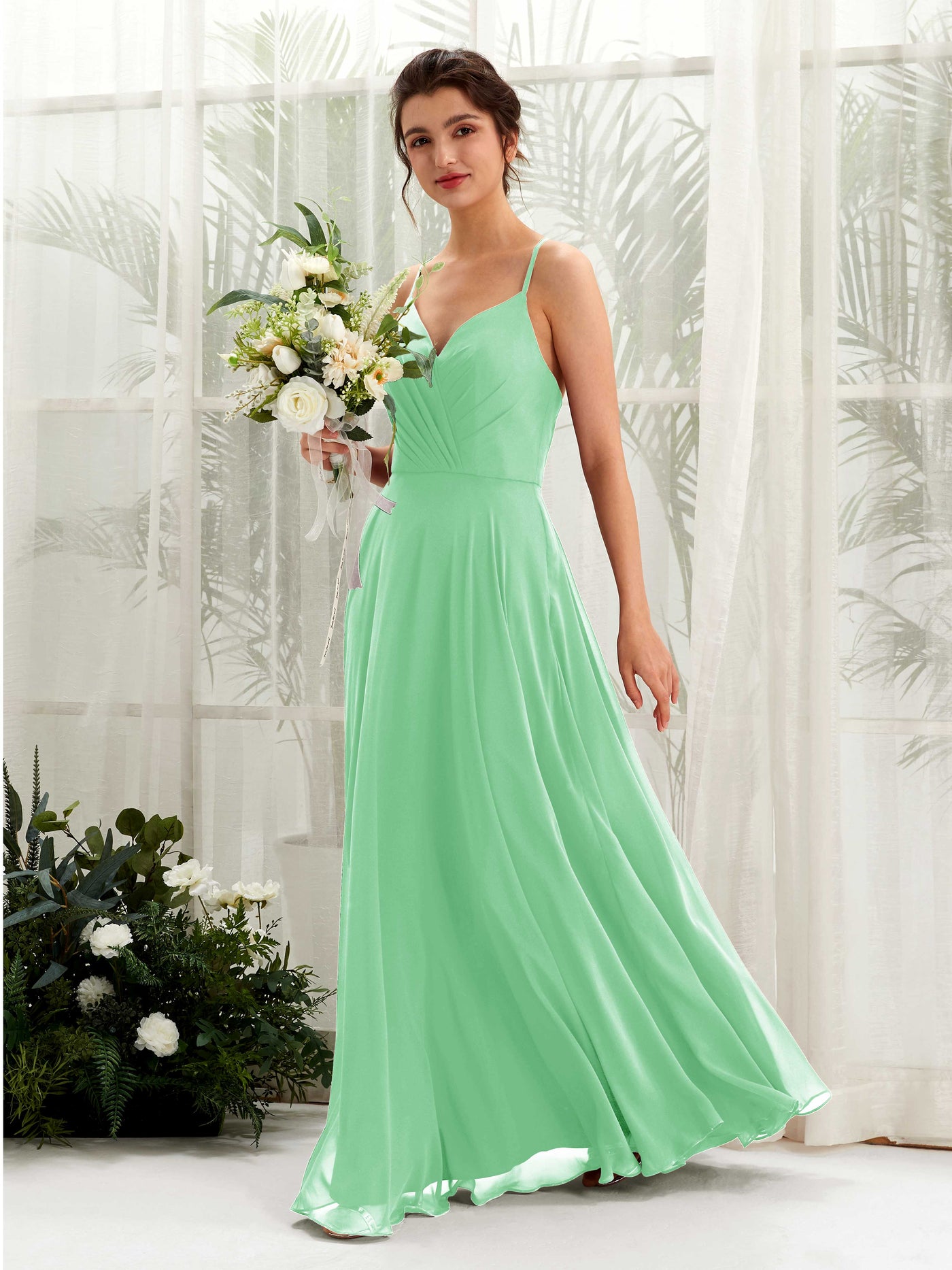 Spaghetti-straps V-neck Sleeveless Bridesmaid Dress - Mint Green (81224222)#color_mint-green
