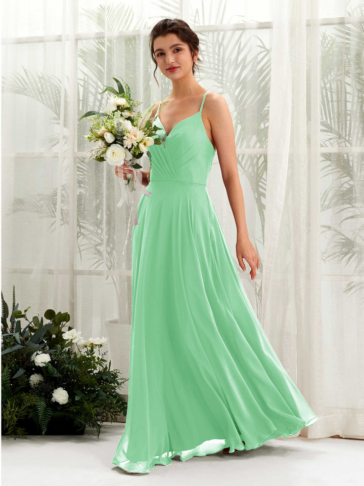 Spaghetti-straps V-neck Sleeveless Bridesmaid Dress - Mint Green (81224222)