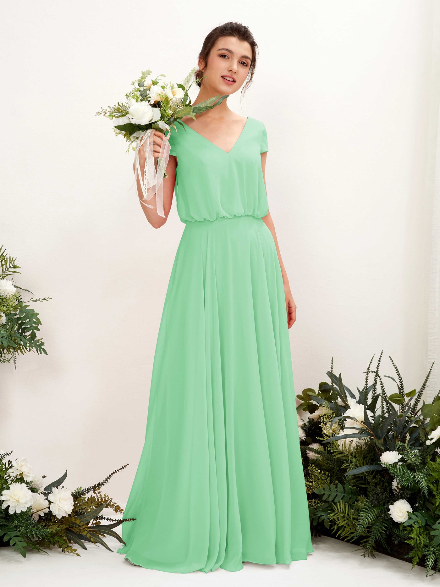 V-neck Cap Sleeves Chiffon Bridesmaid Dress - Mint Green (81221822)#color_mint-green