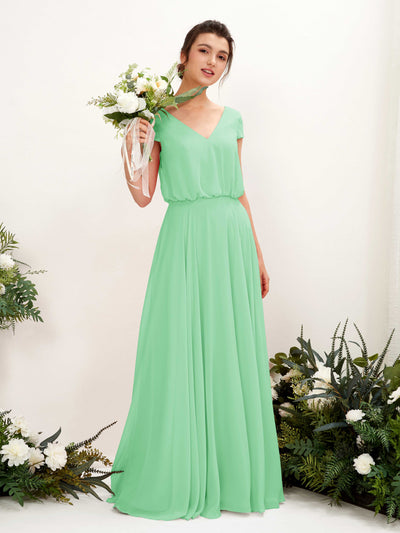 Carlyna Pauline A-Line Mint Green Bridesmaid Dress Maxi Cap Sleeve V-Neck Dress #color_mint-green