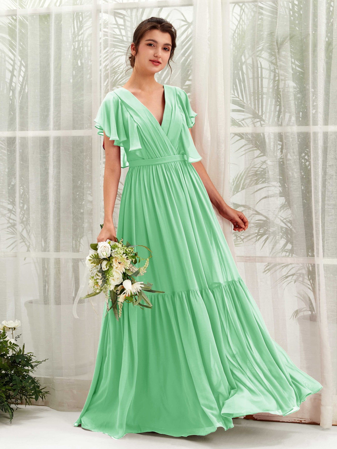 V-neck Cap Sleeves Chiffon Bridesmaid Dress - Mint Green (81225922)#color_mint-green