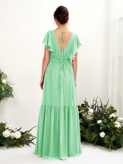 Carlyna Chaya A-Line Mint Green Bridesmaid Dress Maxi Cap Sleeve V-Neck Dress Back View #color_mint-green