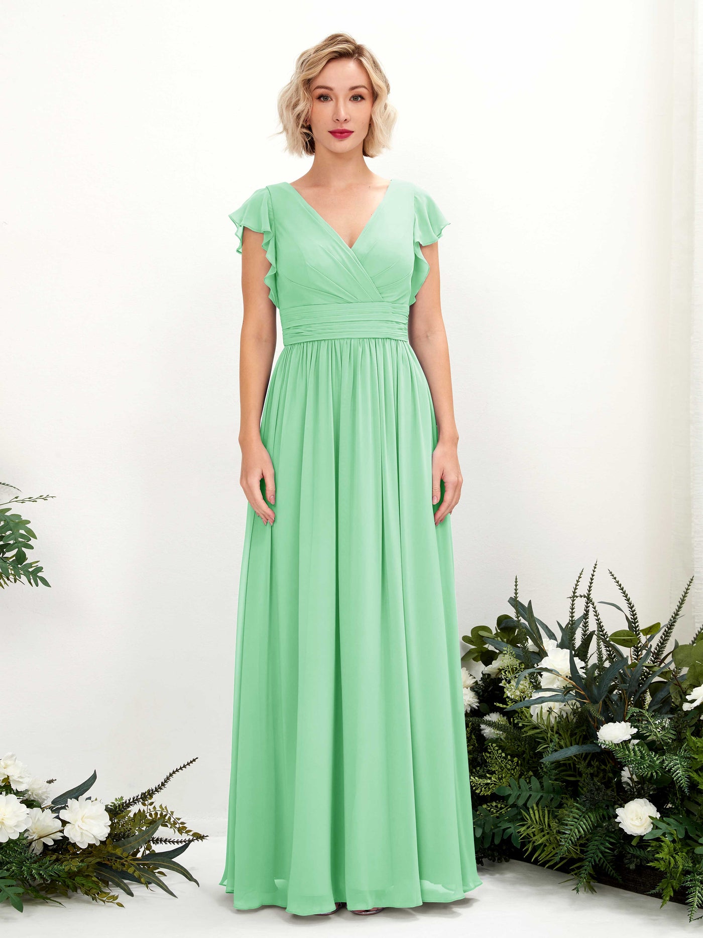 V-neck Short Sleeves Chiffon Bridesmaid Dress - Mint Green (81222722)#color_mint-green