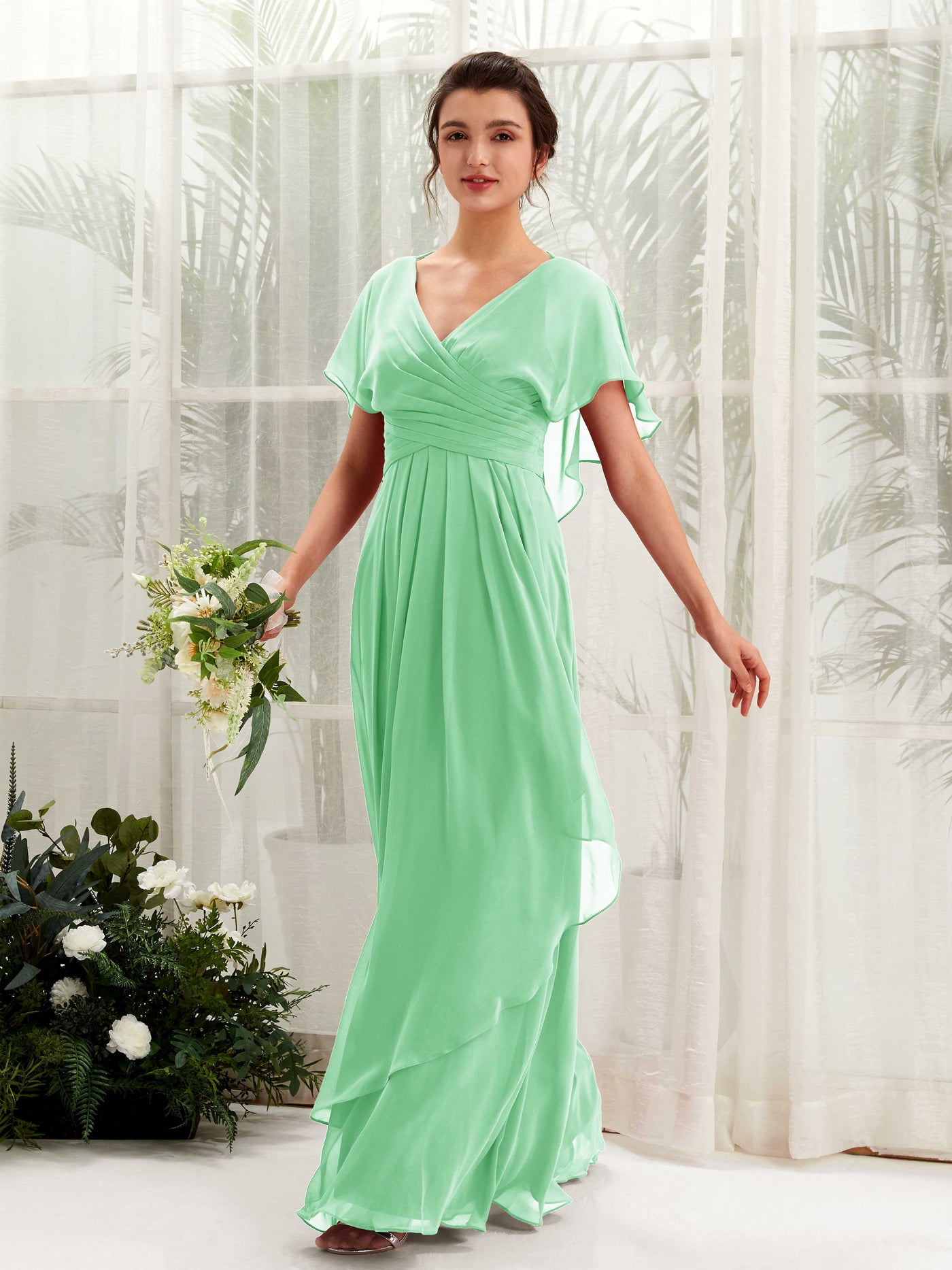 V-neck Short Sleeves Chiffon Bridesmaid Dress - Mint Green (81226122)#color_mint-green