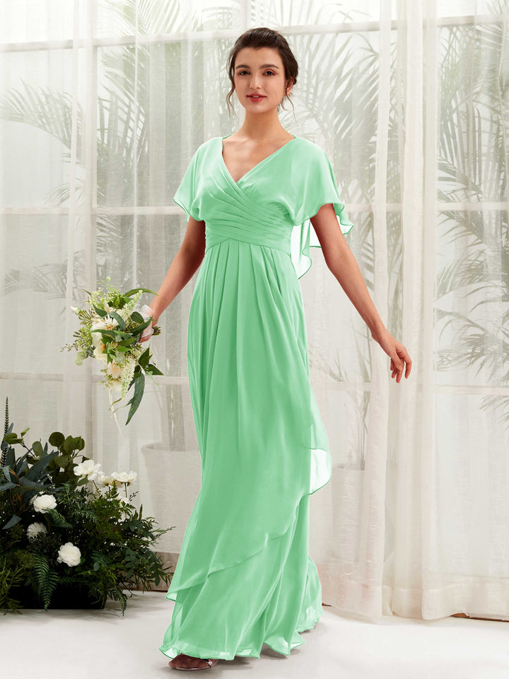 V-neck Short Sleeves Chiffon Bridesmaid Dress - Mint Green (81226122)