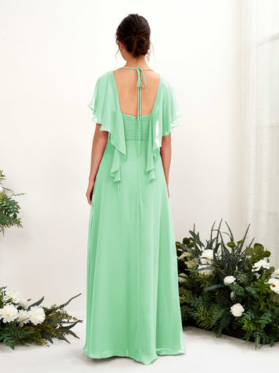 Carlyna Darlene A-Line Mint Green Bridesmaid Dress Maxi Short Sleeve V-Neck Dress Back View #color_mint-green