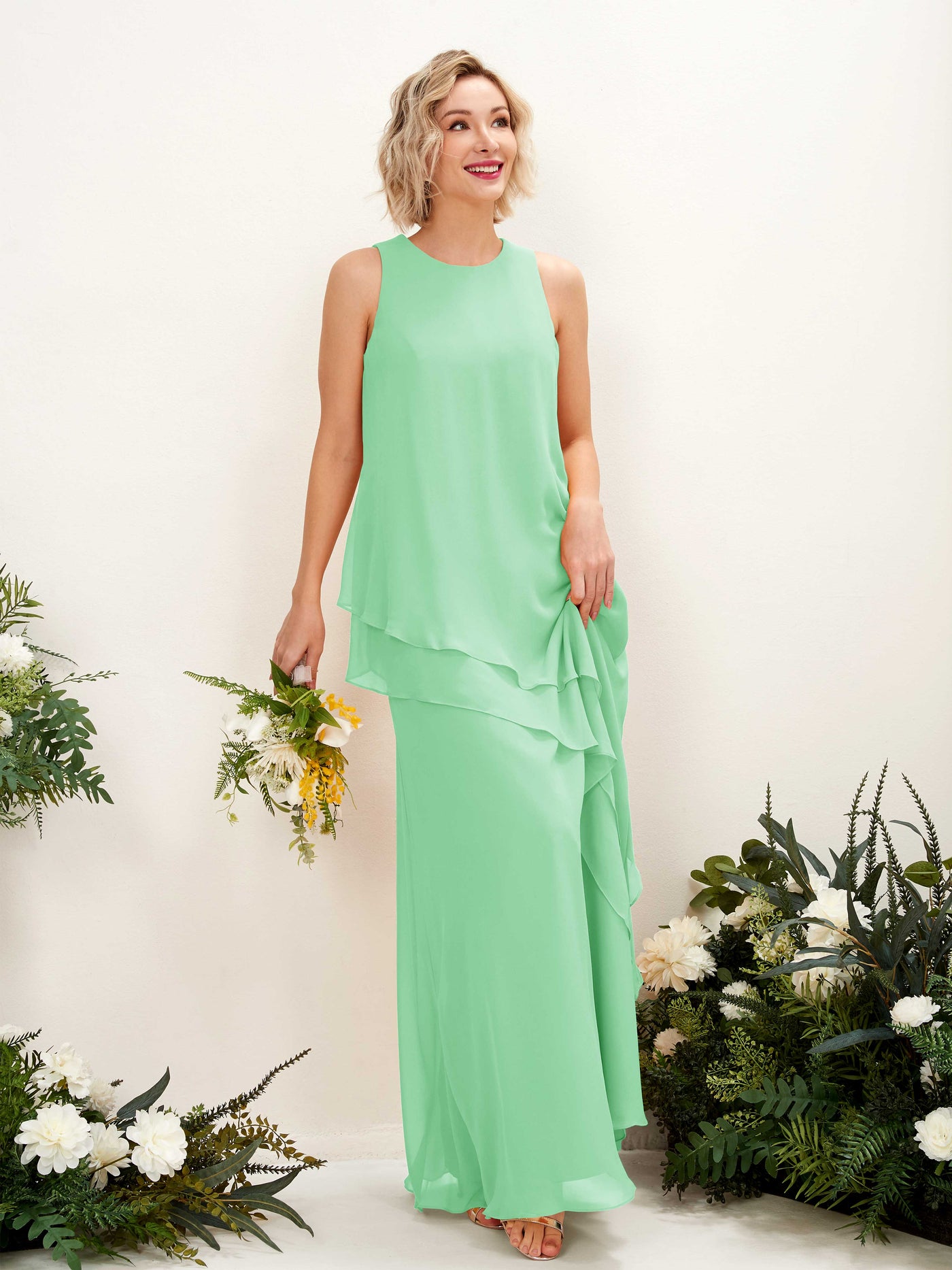 Round Sleeveless Chiffon Bridesmaid Dress - Mint Green (81222322)#color_mint-green